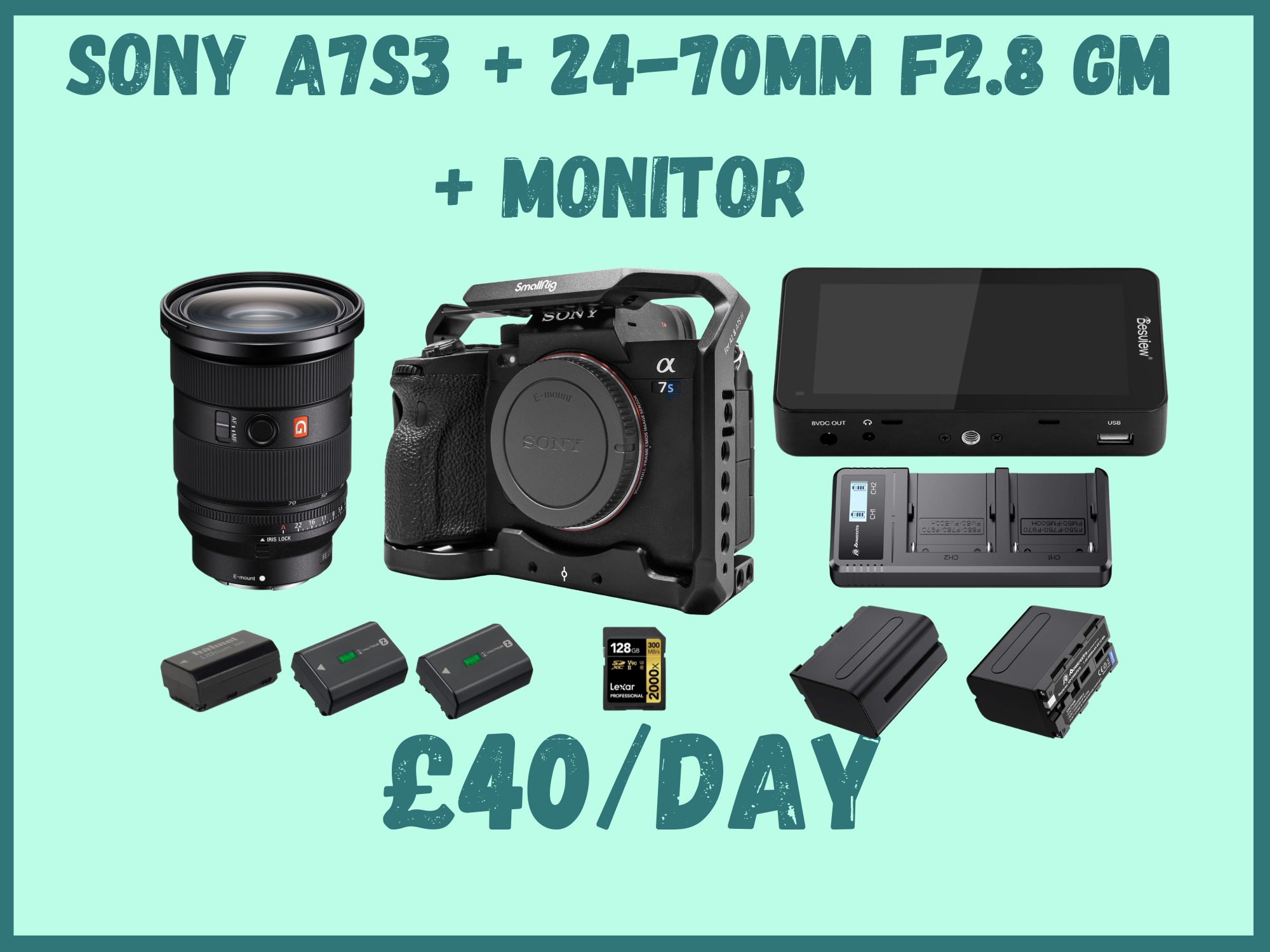 Sony a7s iii, sony a7s3 + 24-70mm f2.8 gm lens + 128gb sd + desview r6ii 5.5"