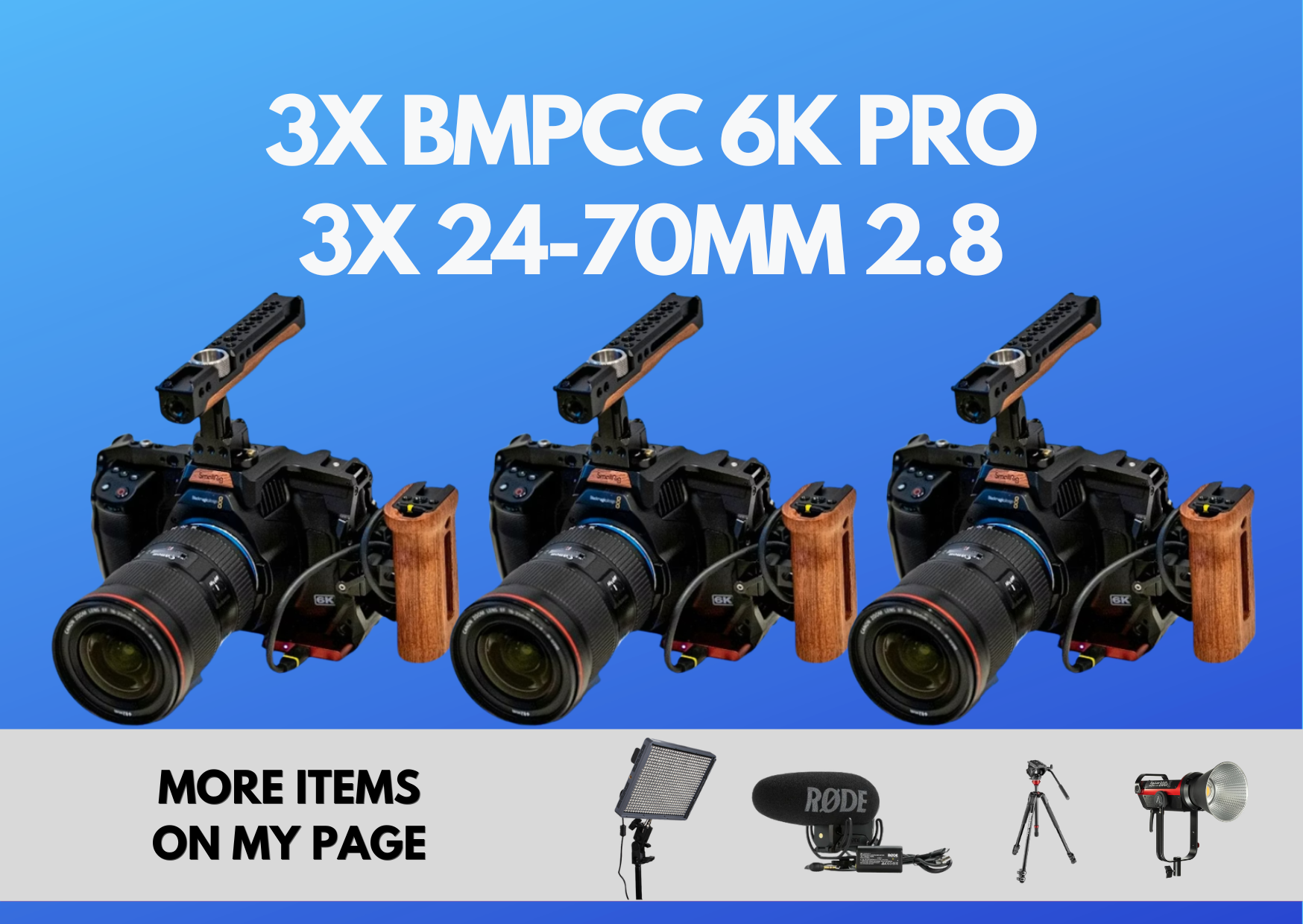 3x blackmagic pocket cinema camera 6k pro + 3x 24-70mm bmpcc pro 