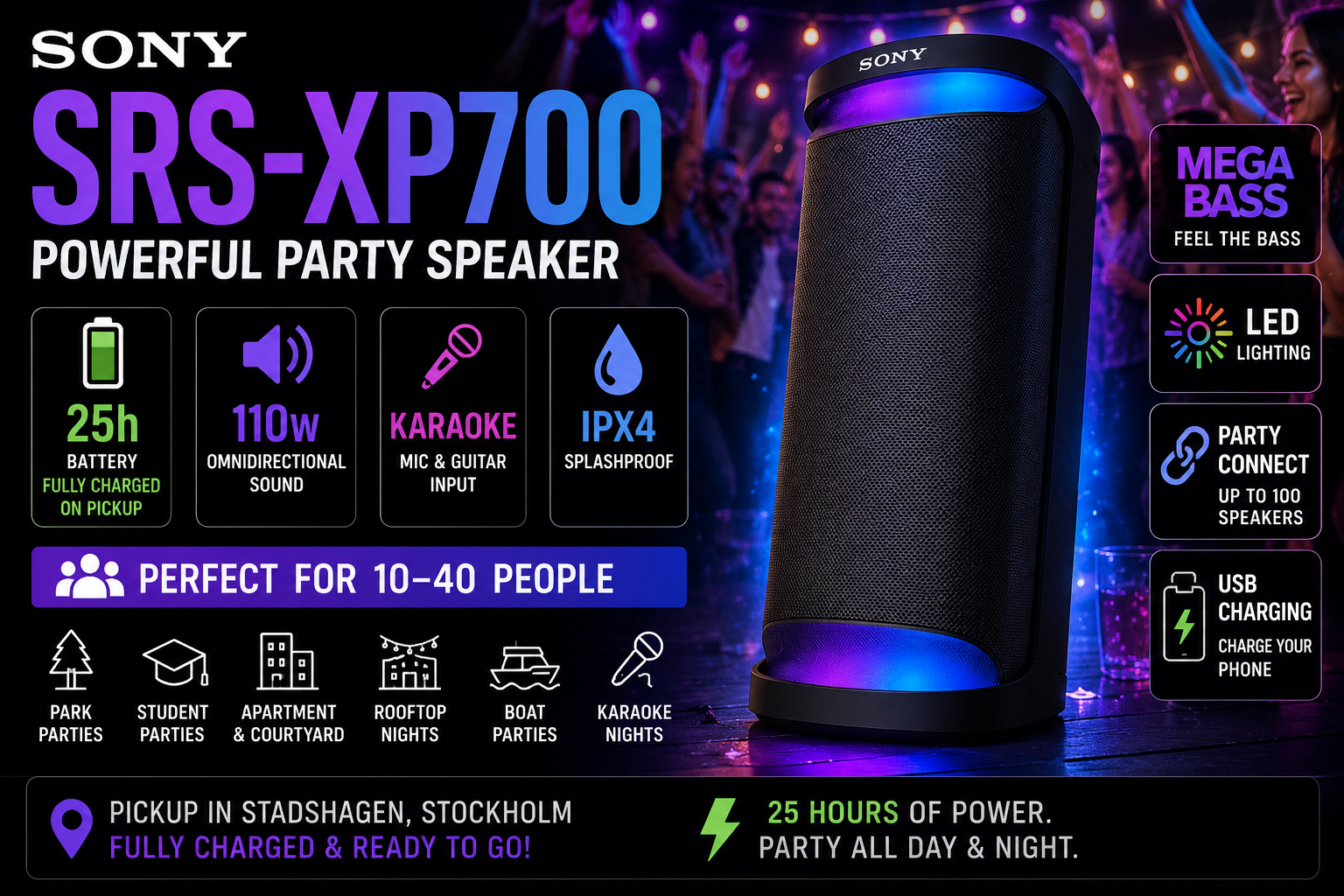 Partyhögtalare för 10–40 personer | sony srs-xp700 | 25h batteri | karaoke | stadshagen 