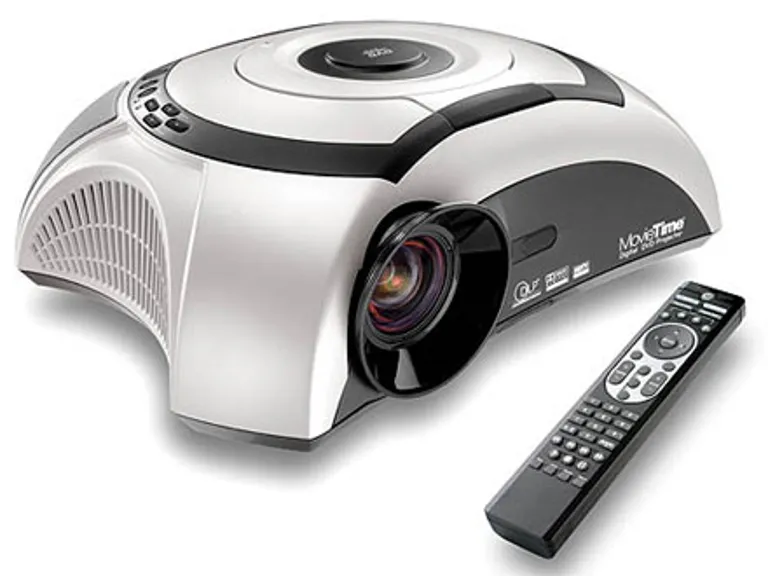 Tv/film projector with built in dvd player, speakers and carrying case.