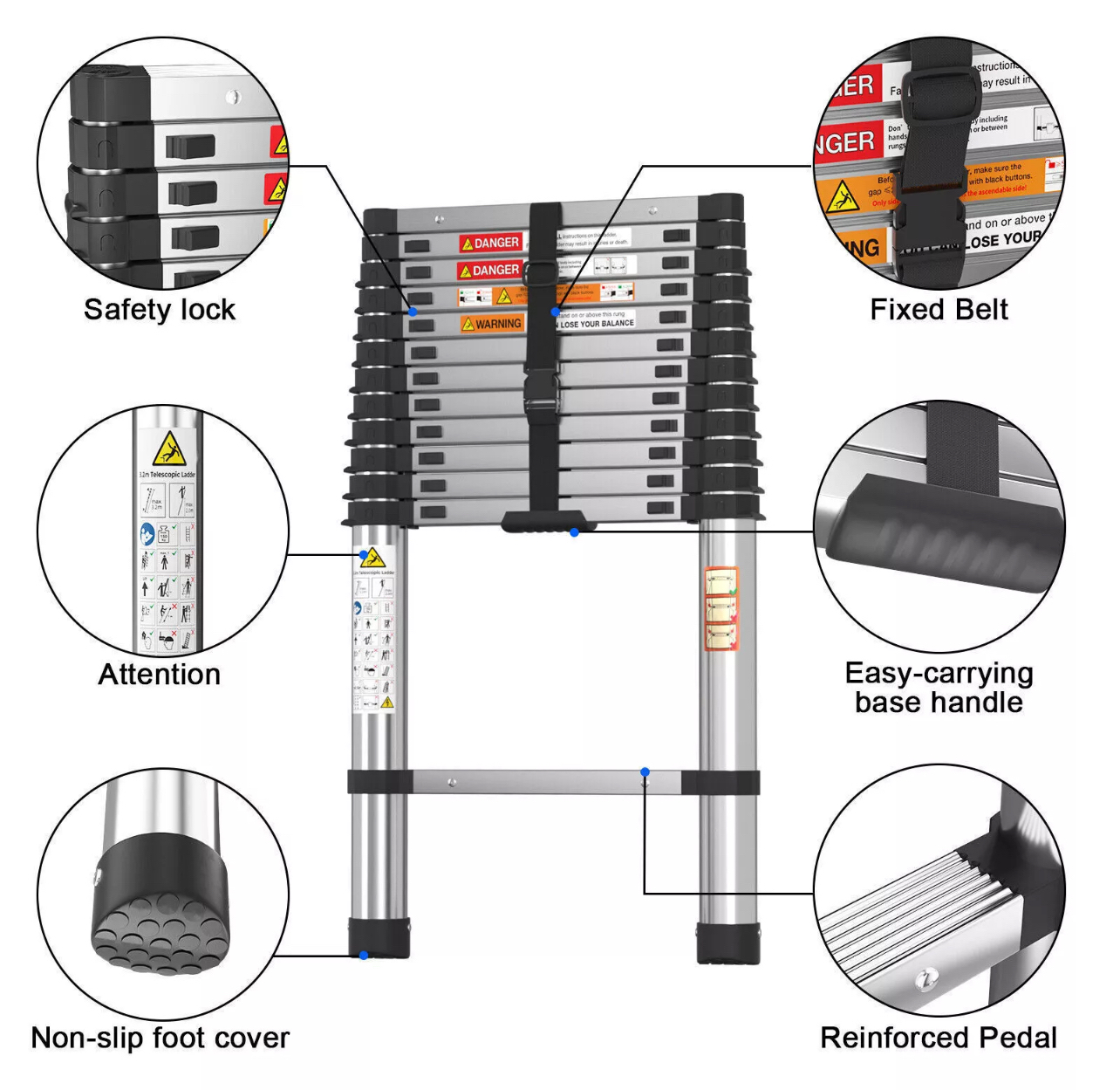 Heavy duty 3.8m stainless steel ladder telescopic multi-purpose extendable