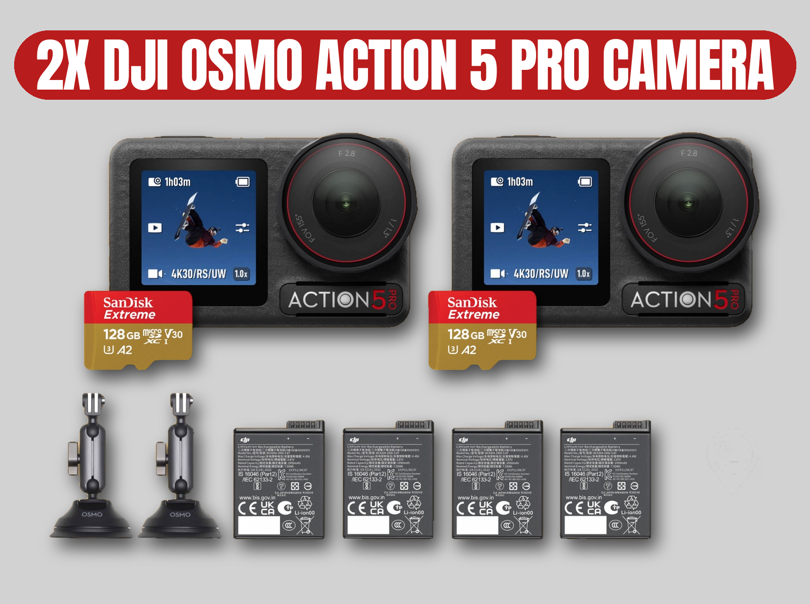 2x dji osmo action 5 pro camera | 4k / 128gb card / suction mount / batteries (gopro alternative)