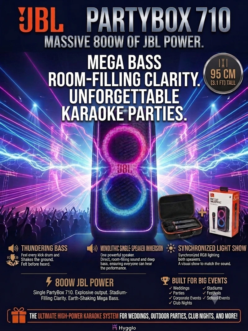 Karaoke & festpaket – JBL PartyBox 710 (800 W) + 2 mikrofoner + ljusshow