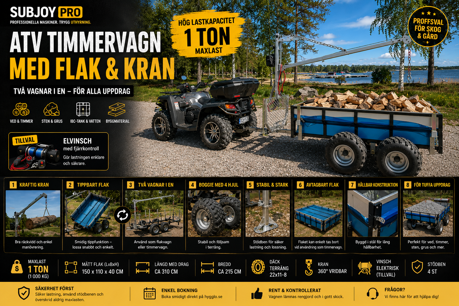 Atv timmervagn med flak & kran för atv – två vagnar i en!