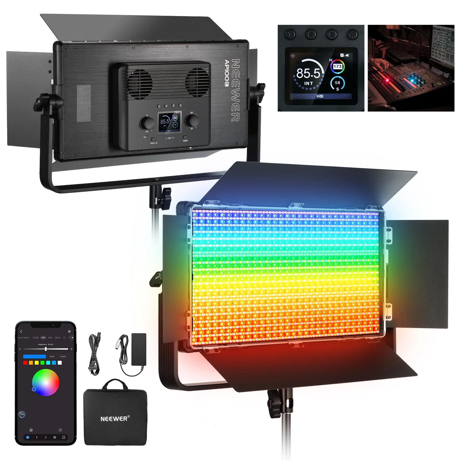 Neewer 105w rgb led panel video 2xlights kit with barn doors, 