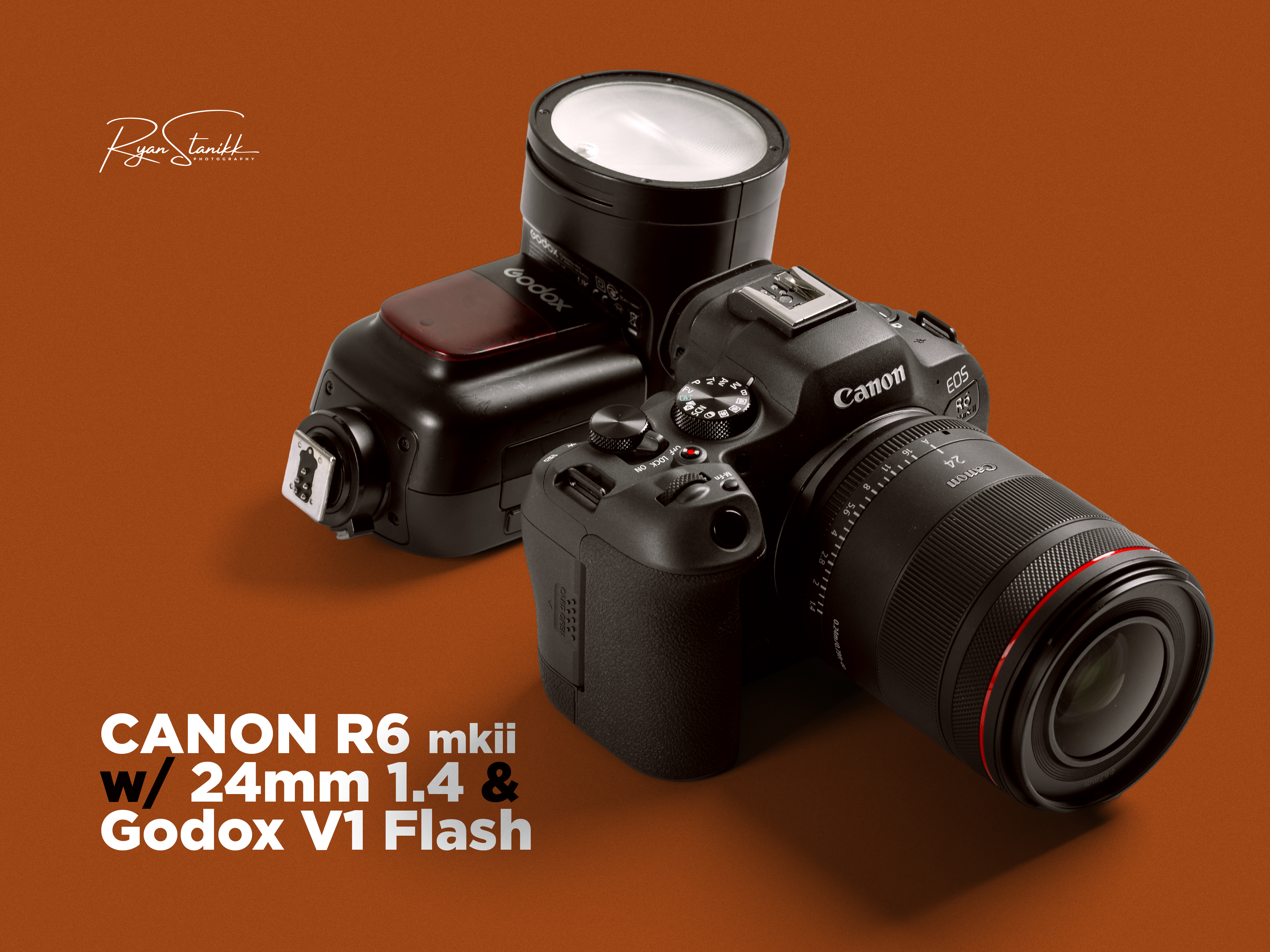 Canon r6 mark ii with 24mm f/1.4l rf vcm lens and godox v1 flash