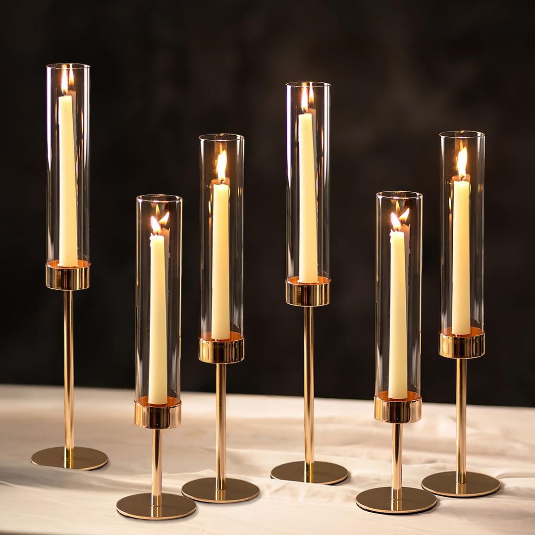 6 multiple gold taper candle holders 
