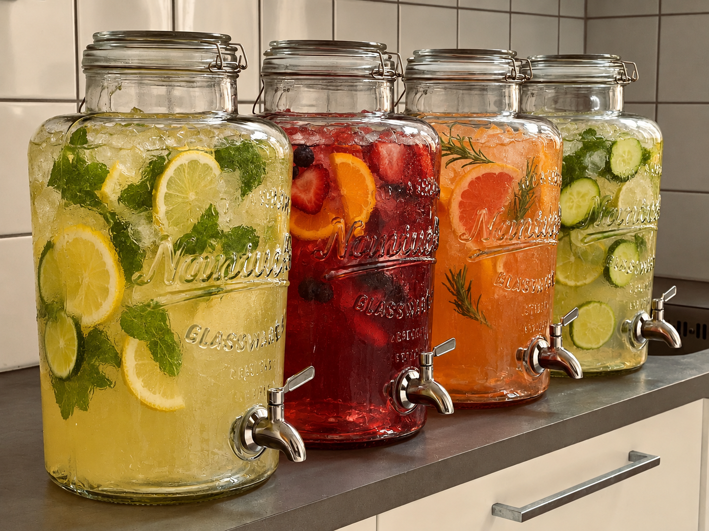 4x 10 l dryckesfontän i glas med tappkran