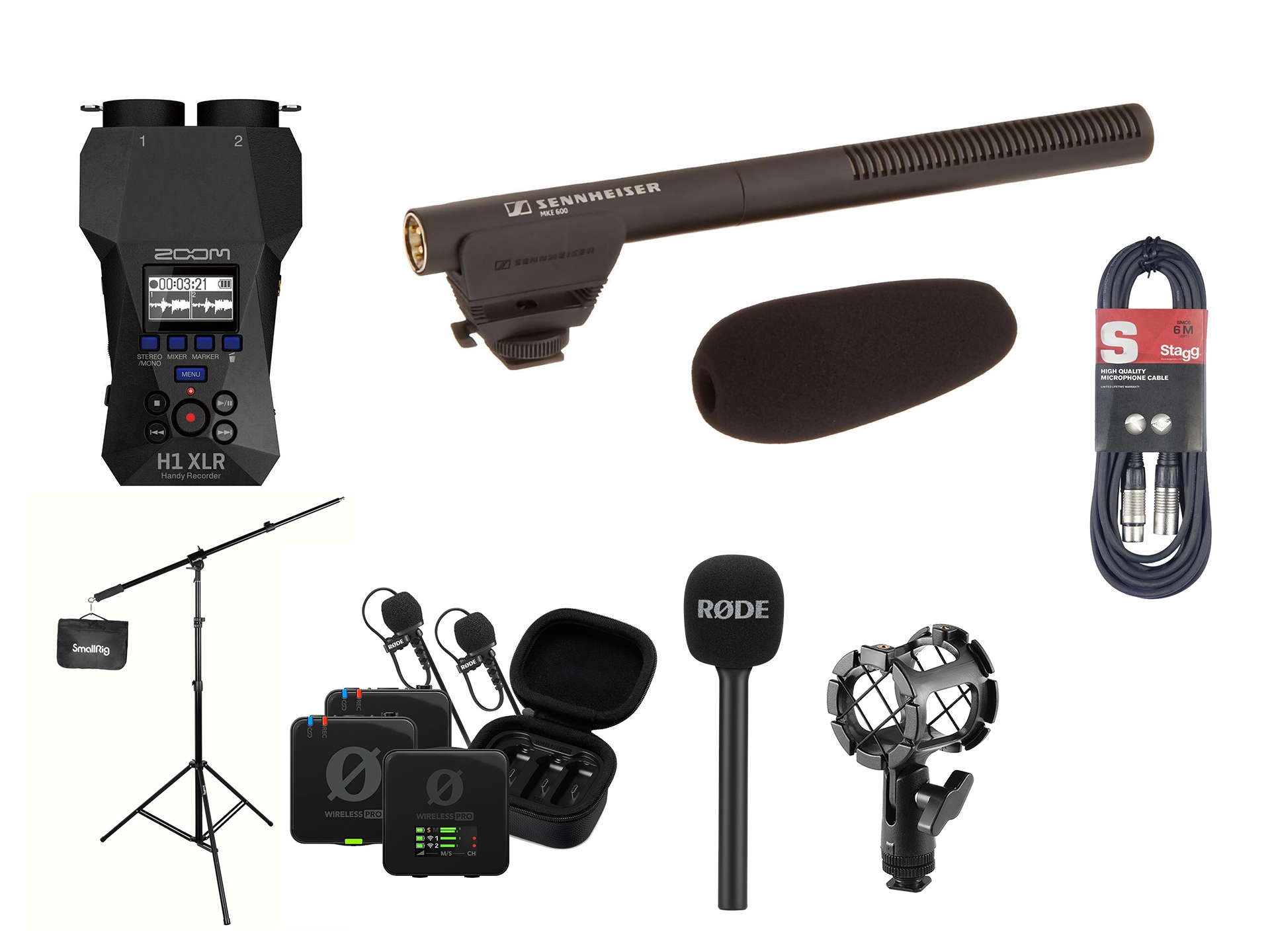 Interview mic recording kit - mke 600 + rode wireless pro + zoom h1 xlr + boom stand