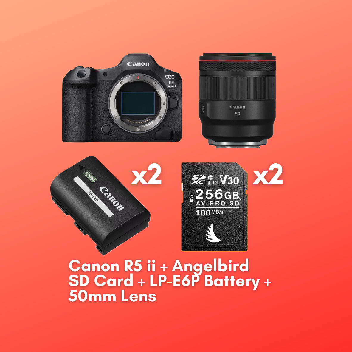 Canon eos r5 mark ii + rf 50mm f/1.2 l + 2× angelbird 256gb sd + 2× lp-e6p