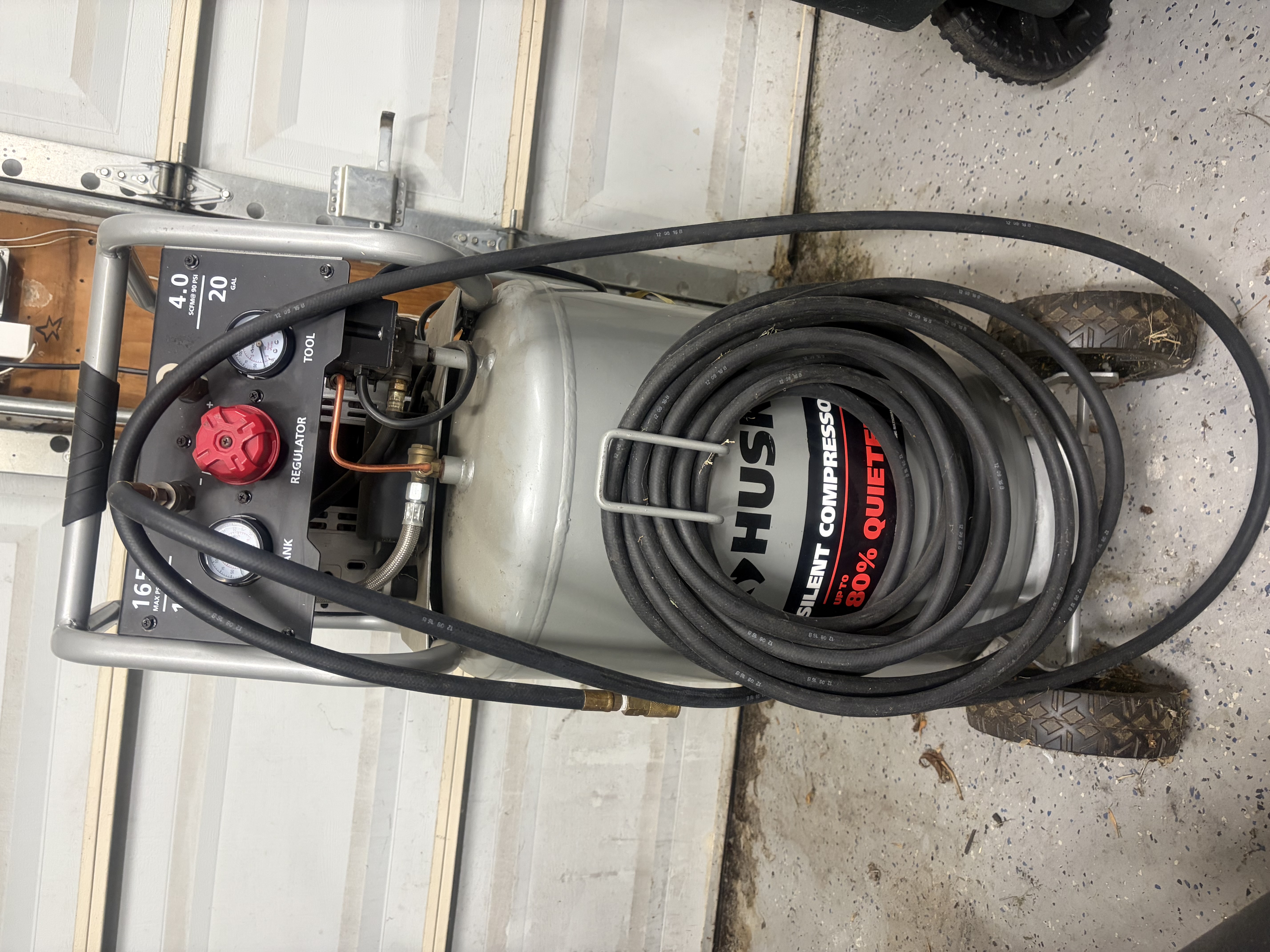 Husky 20-gallon silent air compressor – 4.0 scfm @ 90 psi w/ air hose included
