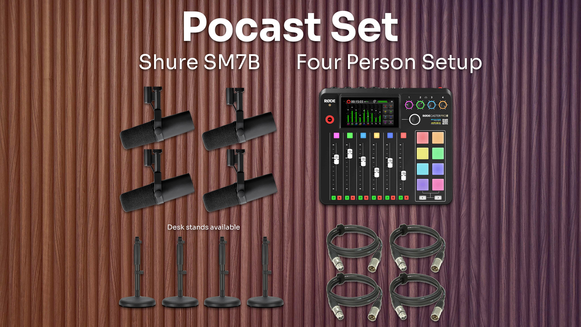 Rødecaster pro ii podcast mixing desk with 4 shure sm7b microphones