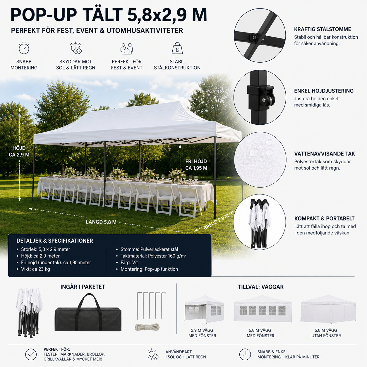 Pop-up tält 5,8x2,9 uthyres – perfekt för fest, buffé & student