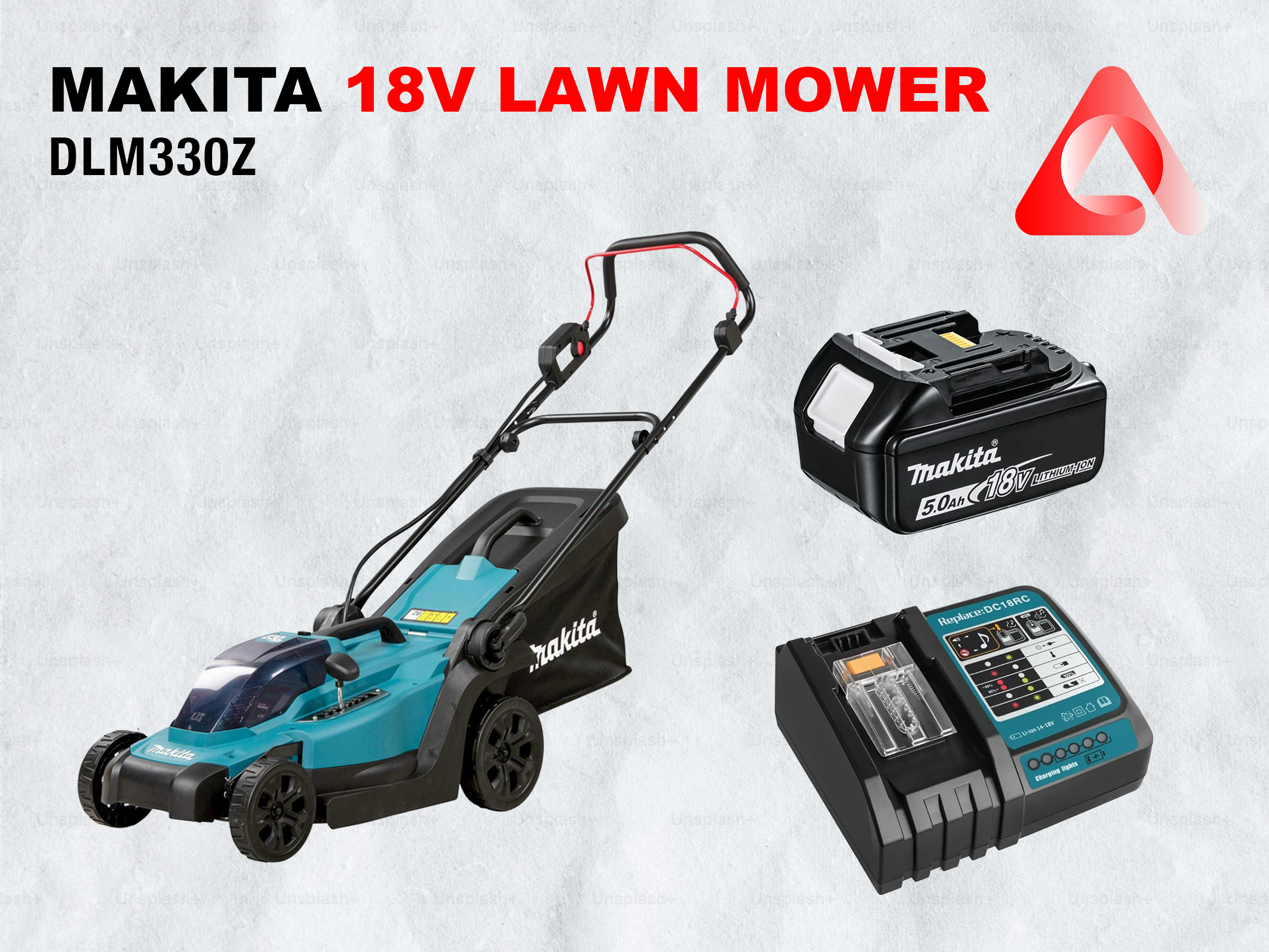 Makita 18v 33cm cordless lawnmower with 5ah battery and charger