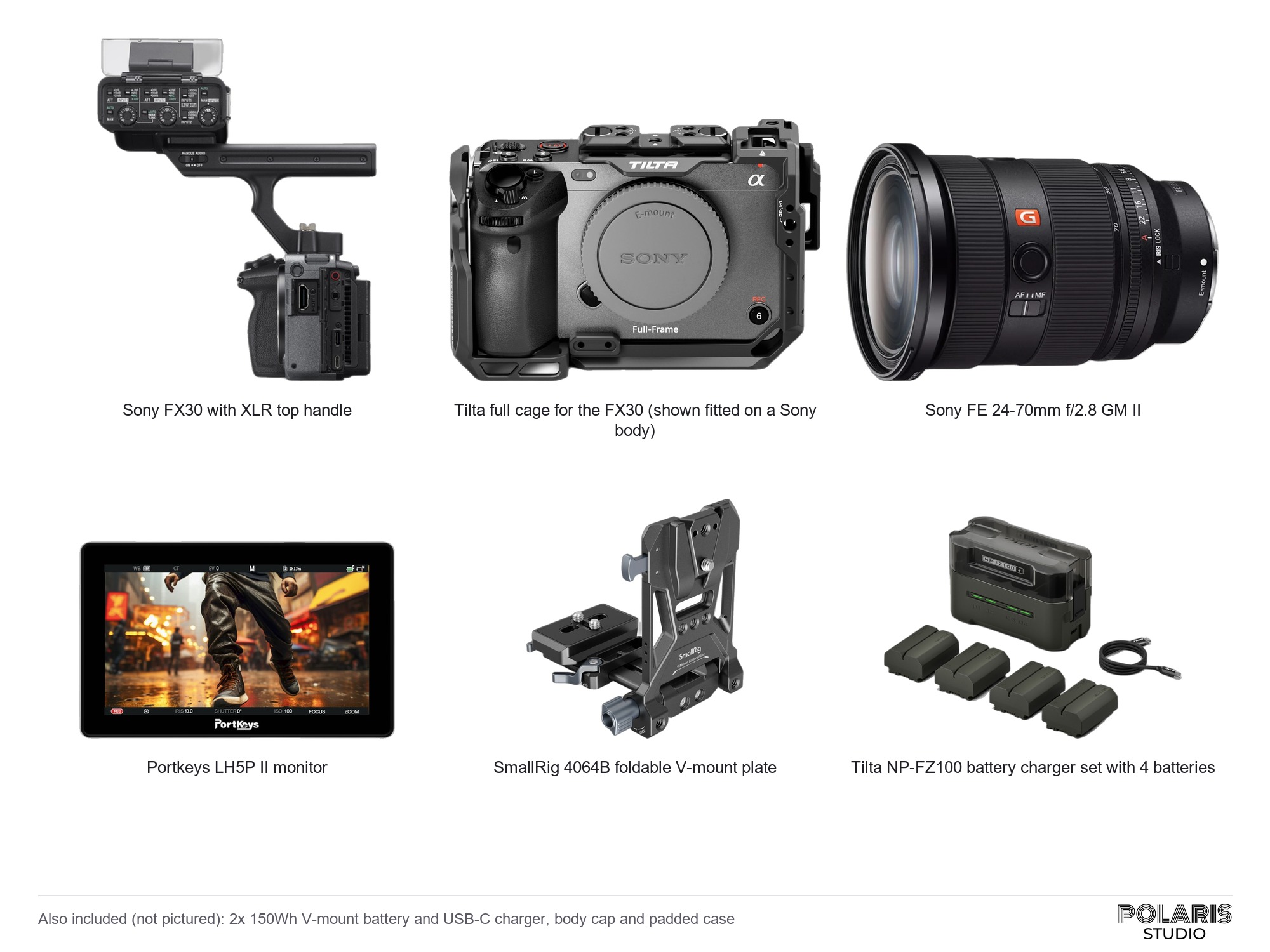Sony fx30 caged kit with 24-70mm gm ii, portkeys monitor and v-mount power