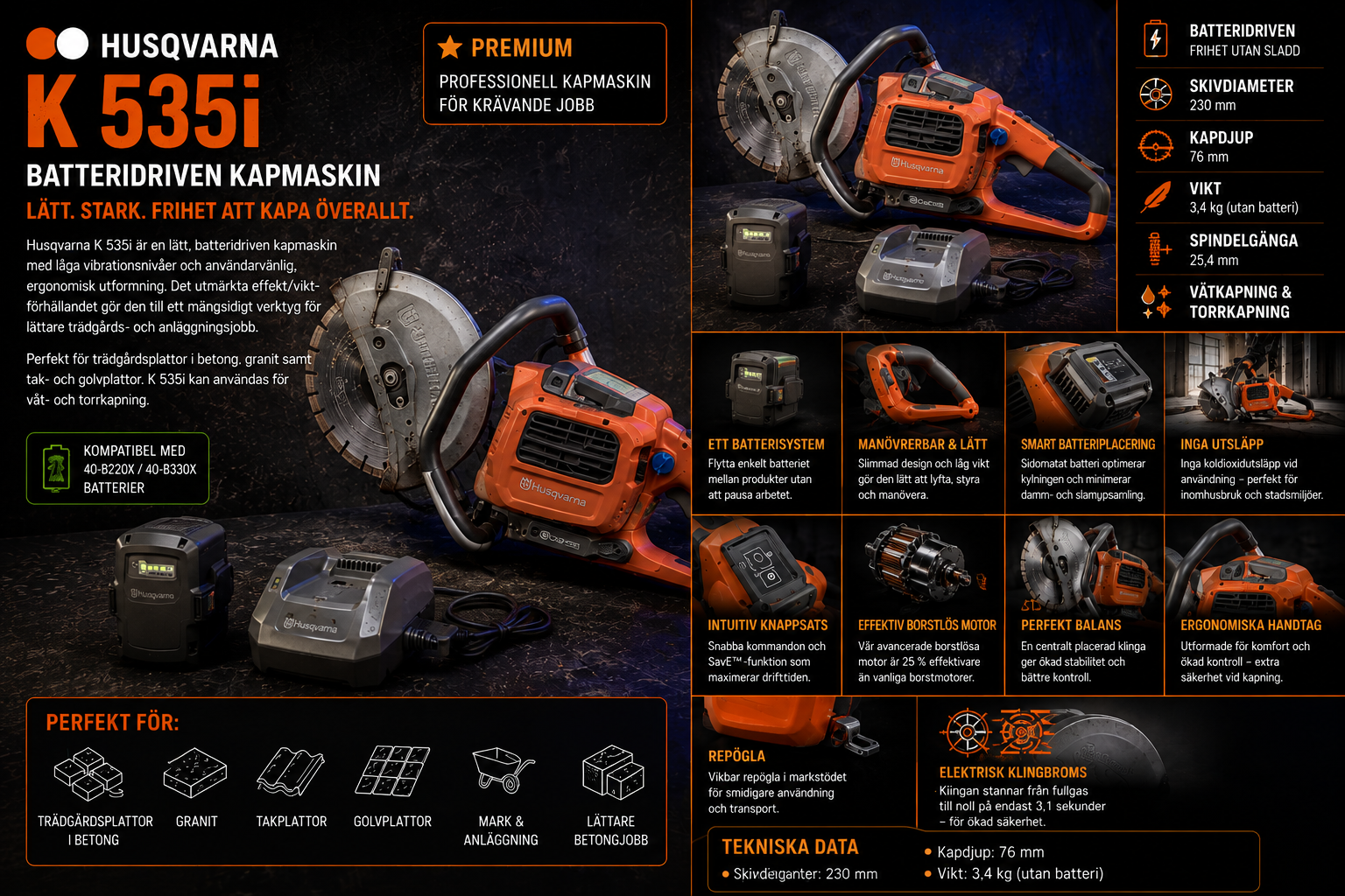 🟠⚪ husqvarna k 535i – batteridriven kapmaskin