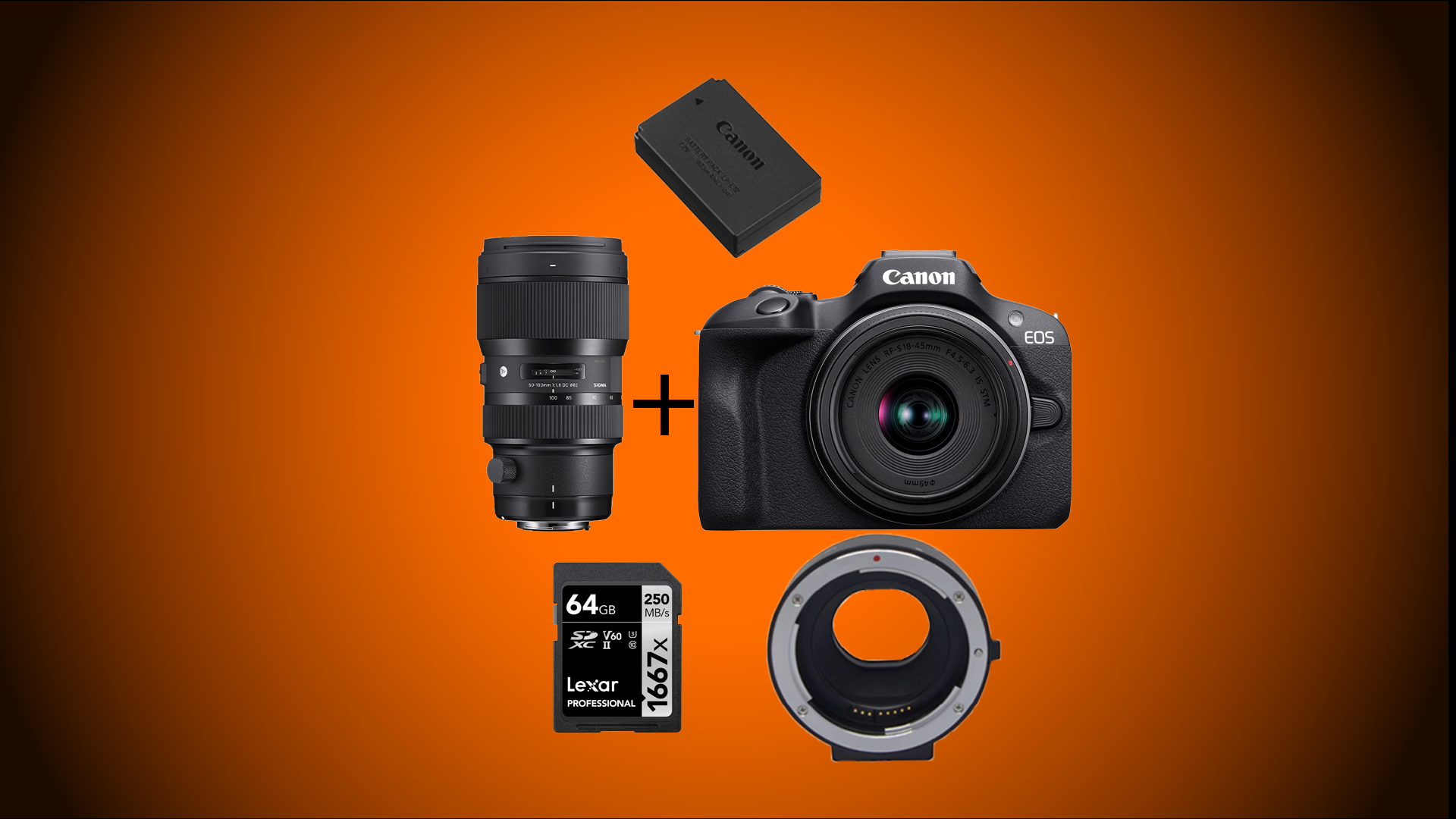 Canon eos r100 + sigma 50-100mm f1.8 + extras