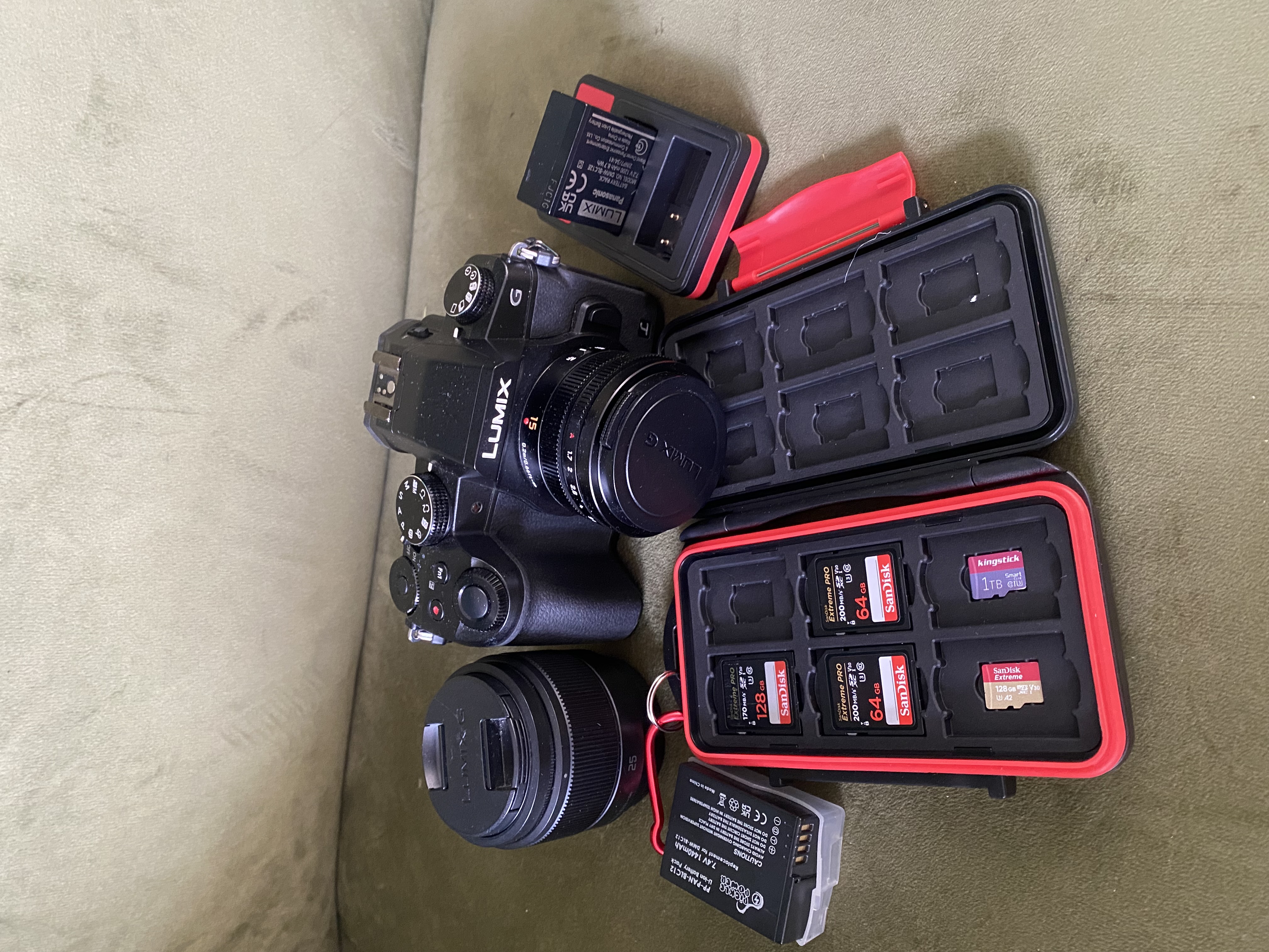 Lumix g80/85 with 15mm or 25mm f.1.7 lens | batteries | sd cards