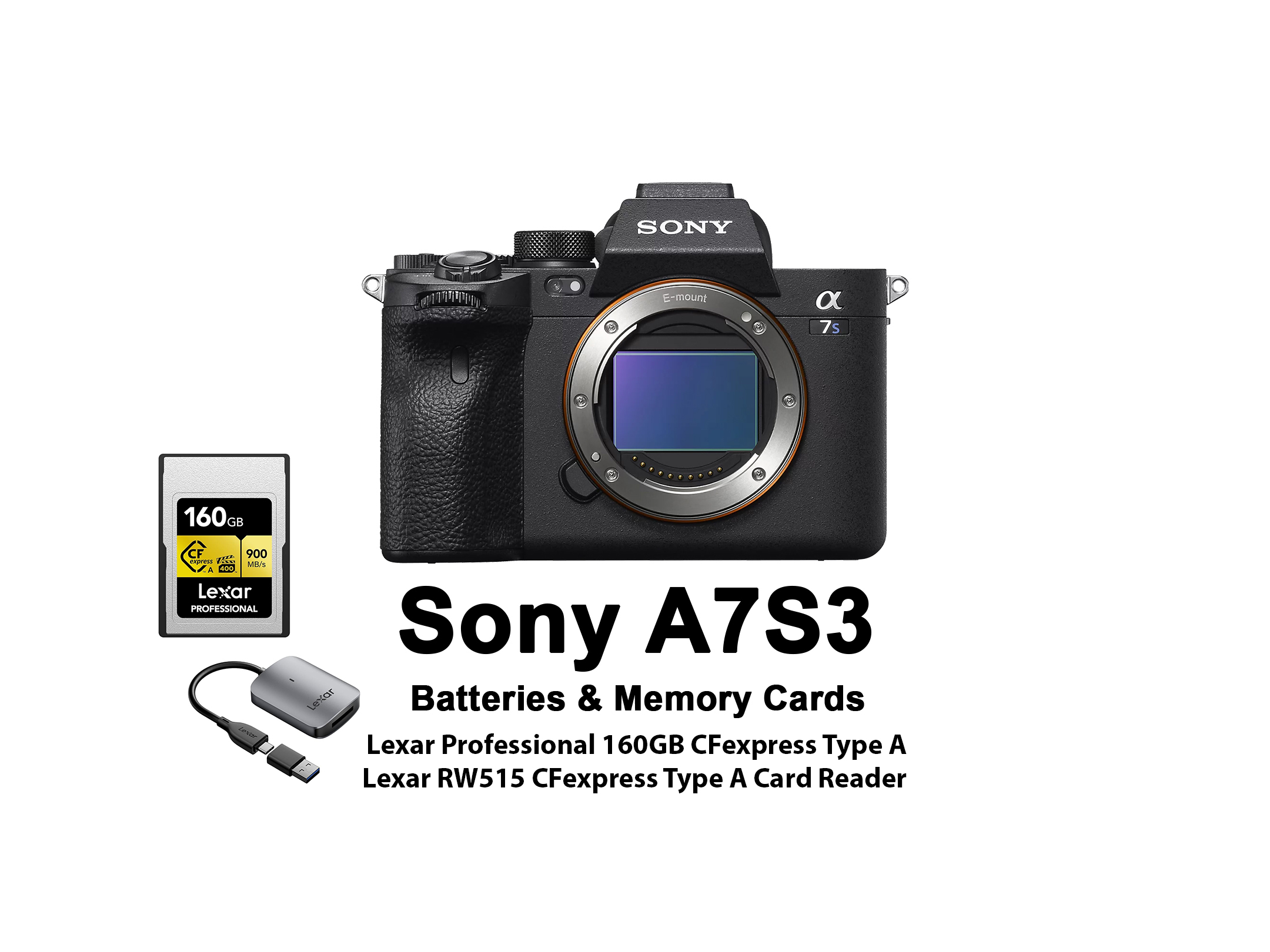 Sony a7s3 / a7siii (body only) + lexar professional 160gb cfexpress type a + 128gb memory cards + 3 batteries