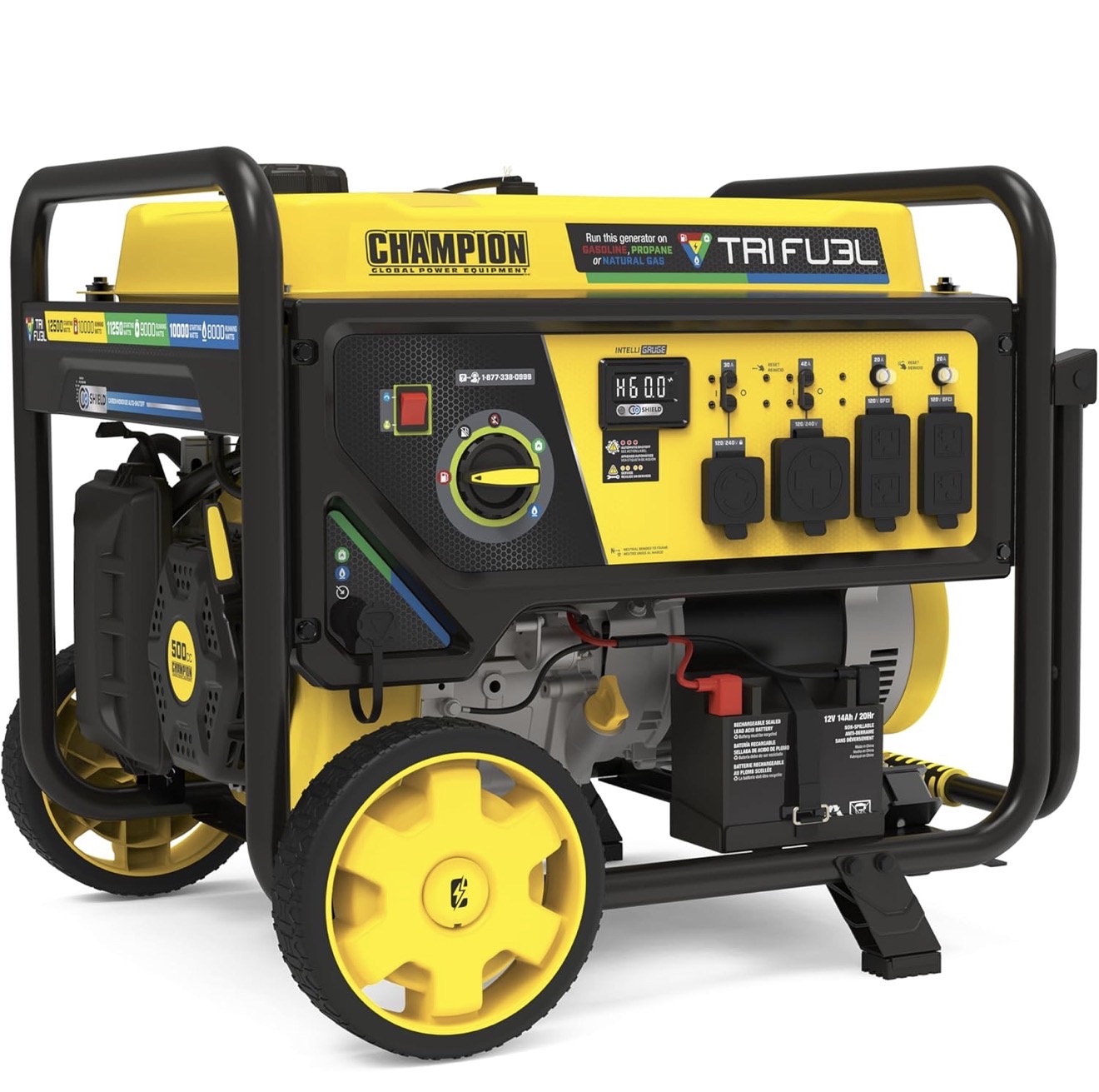 Champion 12,500-watt tri-fuel generator w/ electric start & co shield – home backup & event power