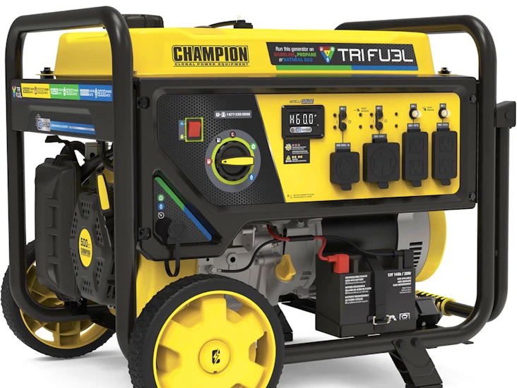Champion 12,500-watt tri-fuel generator w/ electric start & co shield – home backup & event power