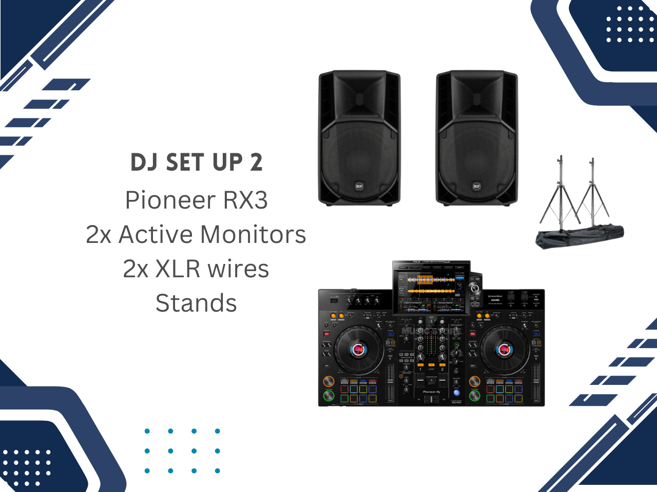 Dj set up 2 (pioneer rx3, 2x speakers, stands, cables)