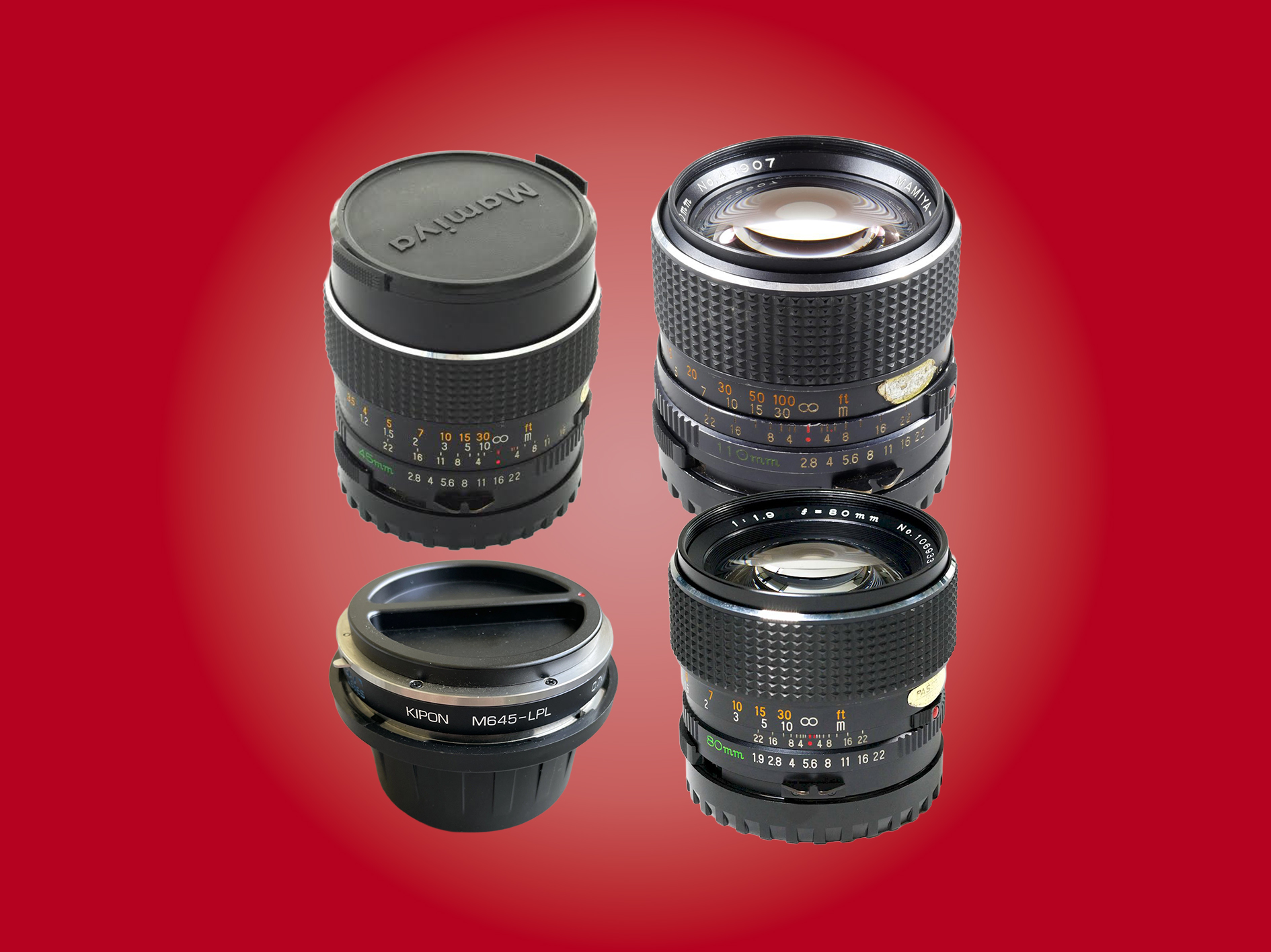 Mamiya 645 lens kit + lpl focal reducer, m645 to gfx adapter, 80mm 1.9, 110mm
