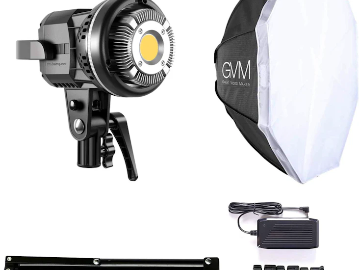 Gvm 80w led video light with bowens mount kit, continuous softbox lighting 5600k cri97+ dimmable led photography lighting kit, studio lighting for camera film photographic light with stand