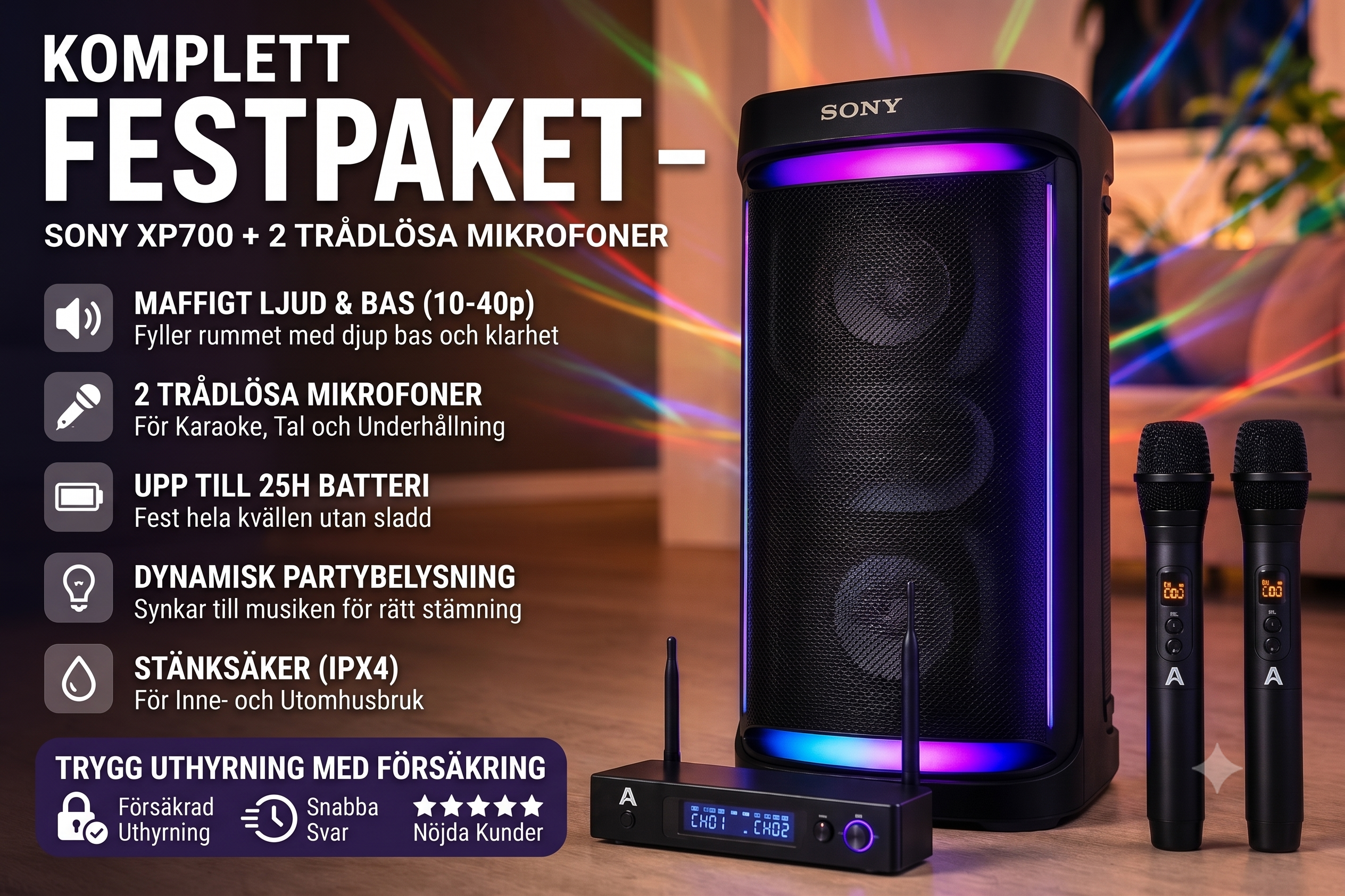 Partyhögtalare + 2 trådlösa mics (sony xp700) | komplett fest- & karaokepaket