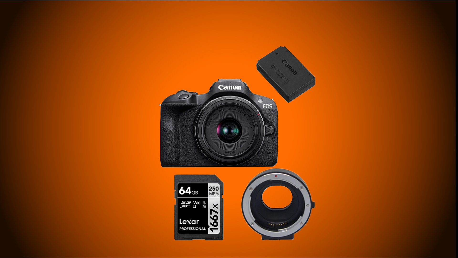 Canon eos r100 body + ef-eos r adapter +extras