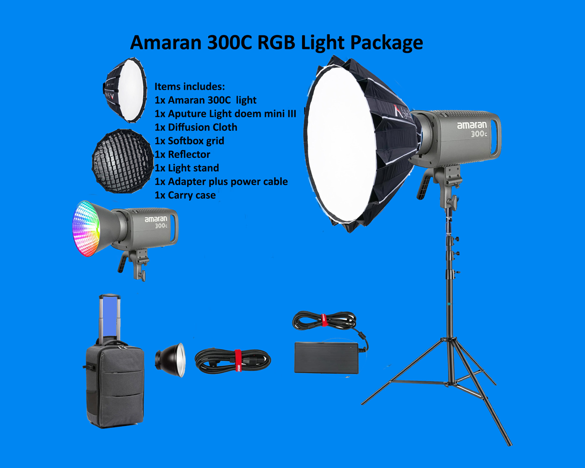 Aputure amaran 300c  +  light dome mini iii rgbww cob led video continuous lighting 300w cct 2500k-7500k bowens mount point-source led 26,580 