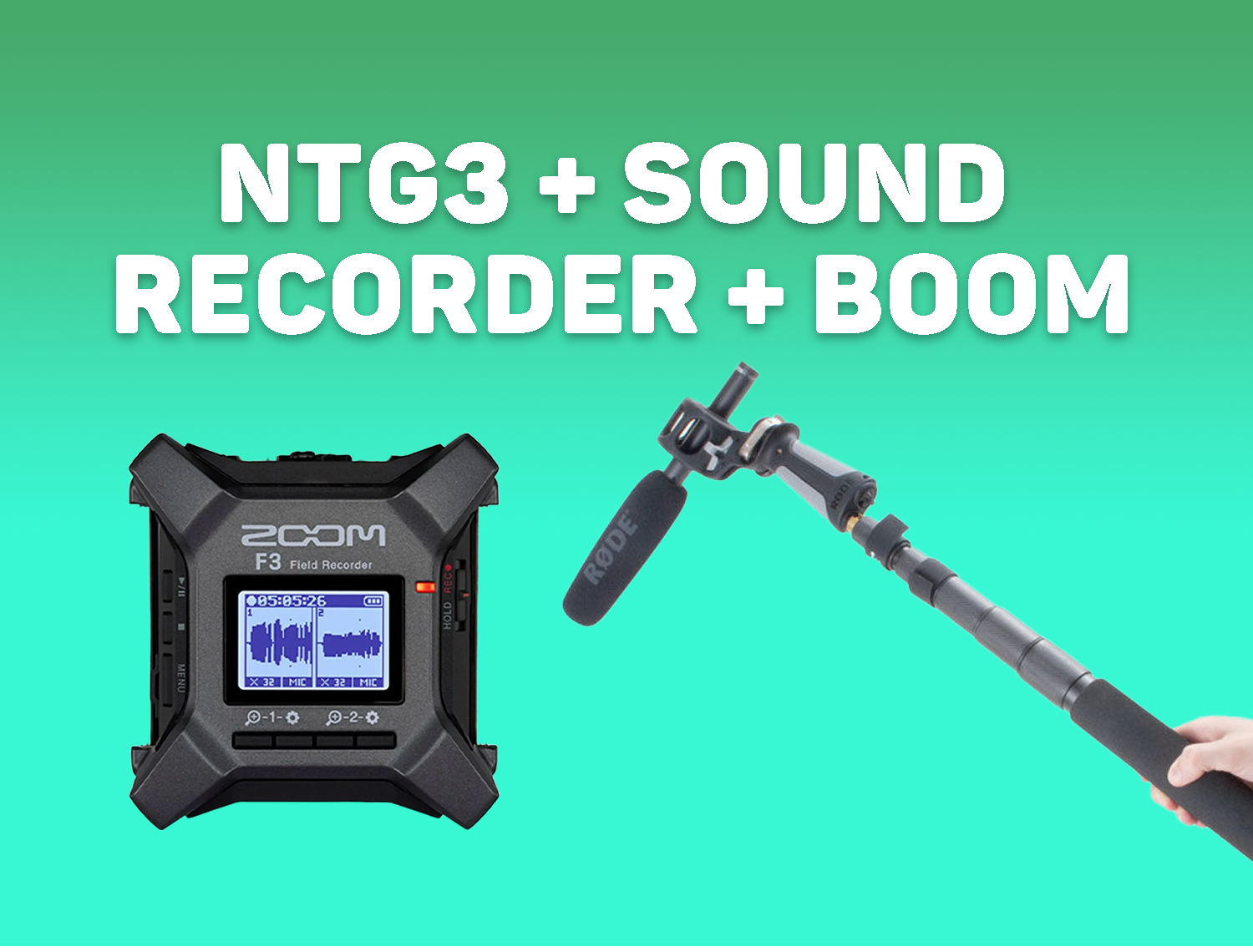 Rode ntg 3 shotgun mic, sound recorder and boom pole