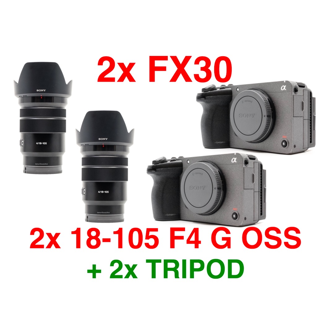Rent 2x Sony FX30 + 2x 18-105 F4 G OSS + 2x Manfrotto tripod from