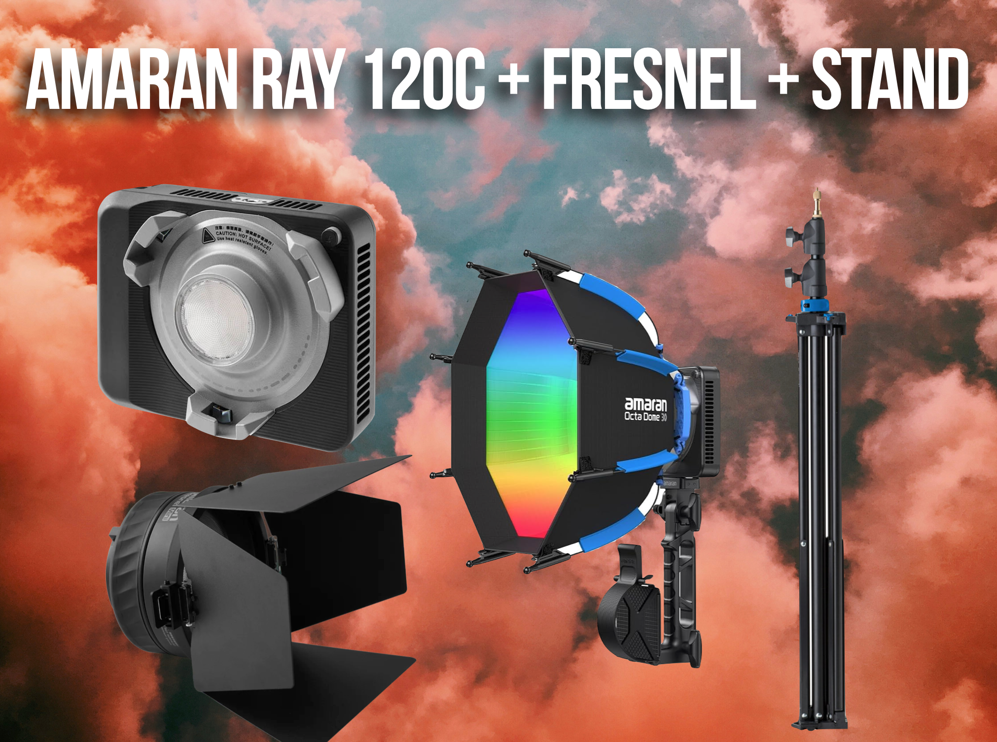 Amaran ray 120c light set. fresnel + softbox + stand