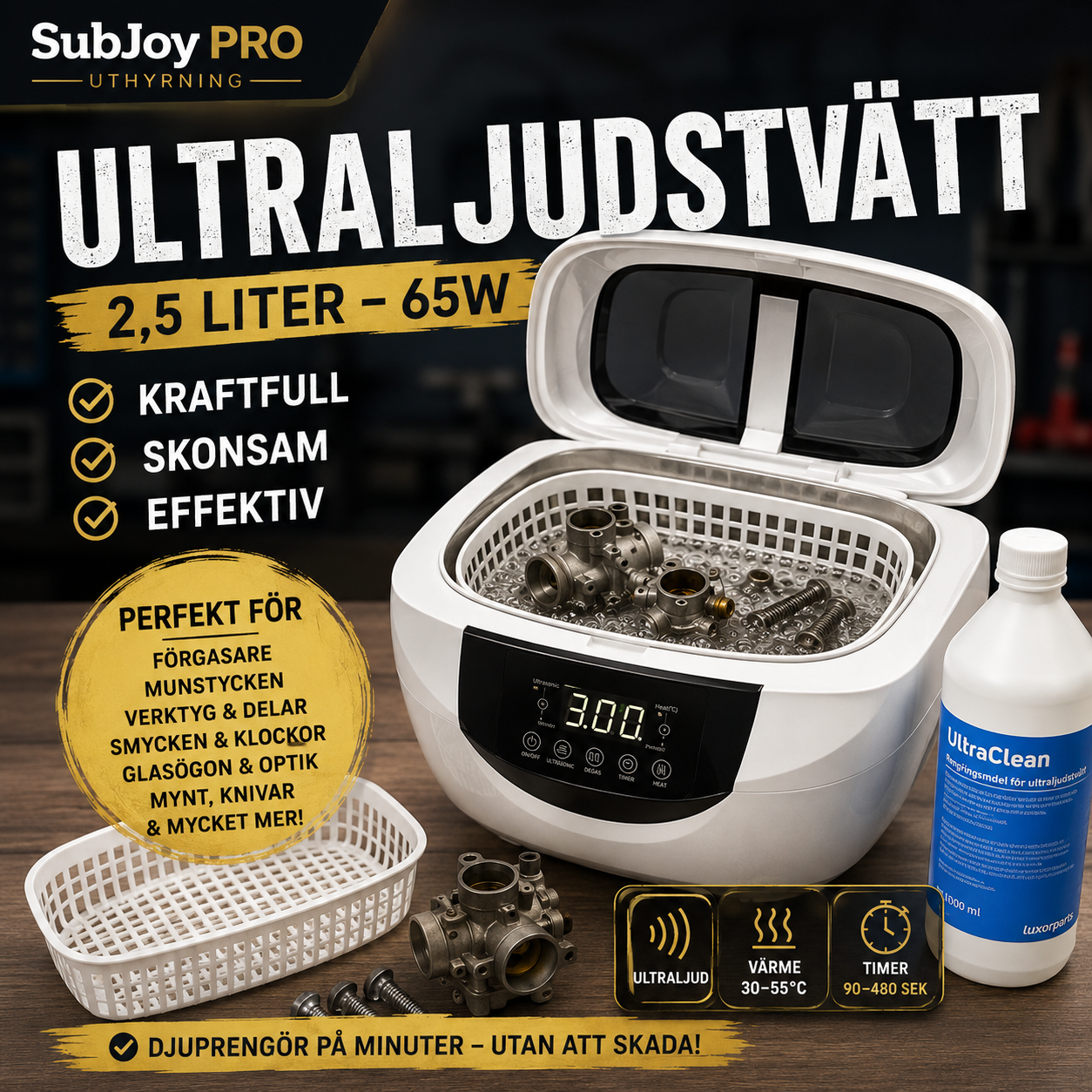 Ultraljudstvätt 2,5 l med värme – perfekt för förgasare, verktyg, smycken &