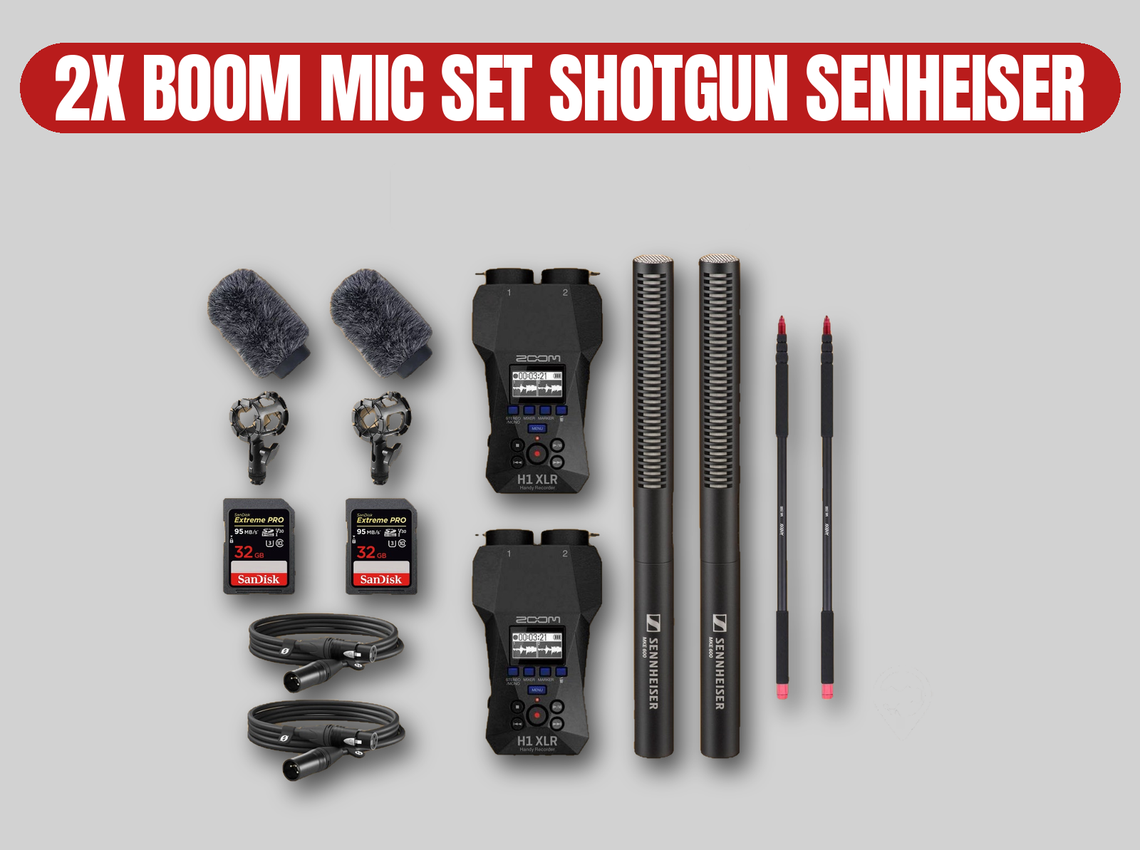 Dual boom mic kit | sennheiser mke 600 / rode shotgun mics / audio recorders / sd card / xlr cable / boom poles