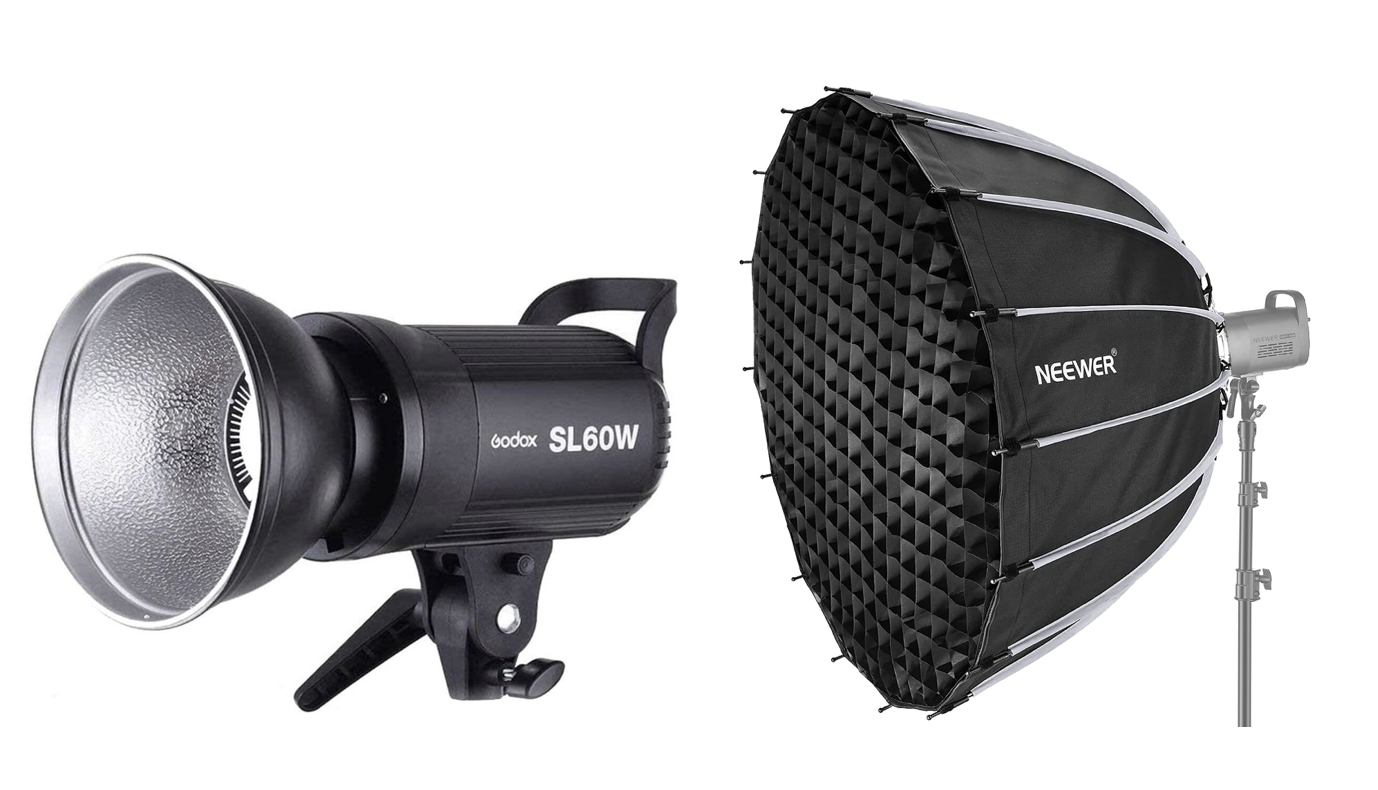 Godox sl60w image and neewer 47.2inch/120cm parabolic softbox
