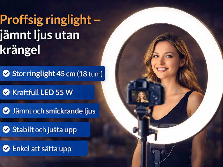 Proffsig ringlight + stativ – jämnt ljus