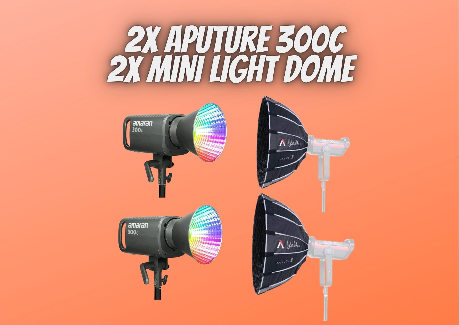 2x aputure amaran 300c  + 2x mini light dome rgbww cob led video continuous lighting 300w cct 2500k-7500k bowens mount point-source led 26,580 