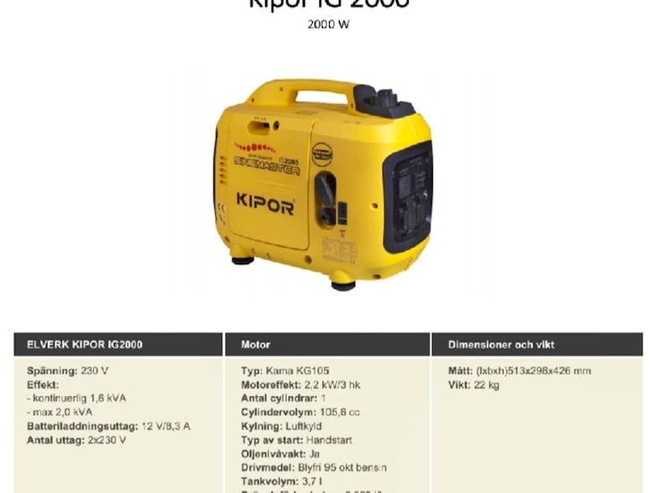Elverk, bensindriven, 2,0 kw, 5h drift