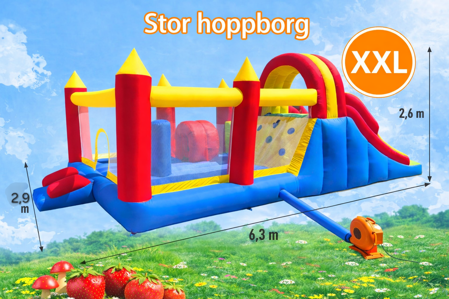 Stor hoppborg 6,3 x 2,9 x 2,6 m för barnkalas