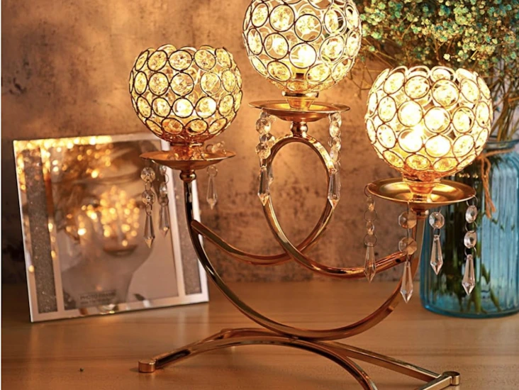 2 x gold 3-arm crystal tealight candelabras – festive table centrepieces and table decoration for weddings, christmas parties and events