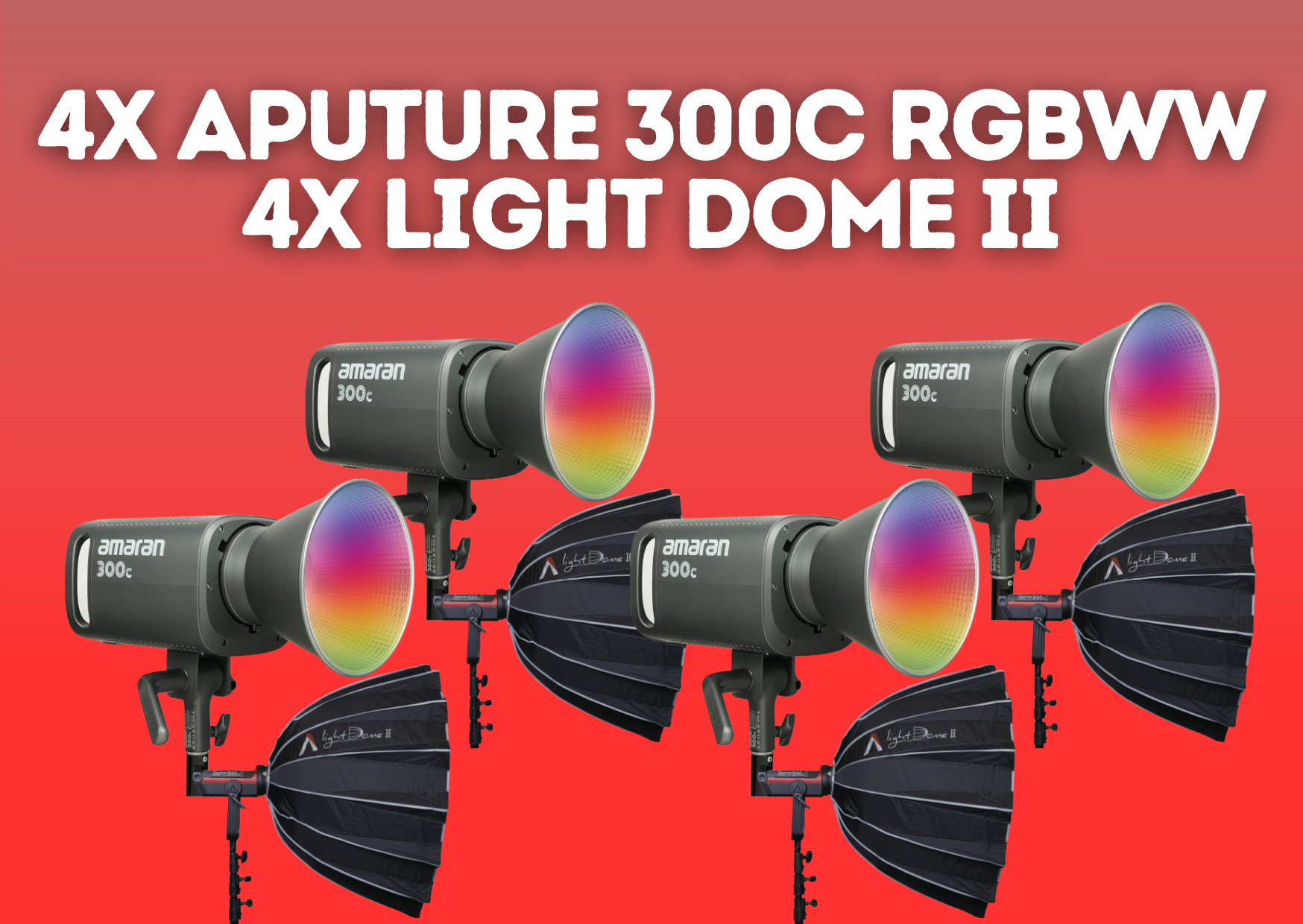 4x aputure amaran 300c + 4x light dome ii rgbww cob led video continuous lighting 300w cct 2500k-7500k bowens mount point-source led 26,580