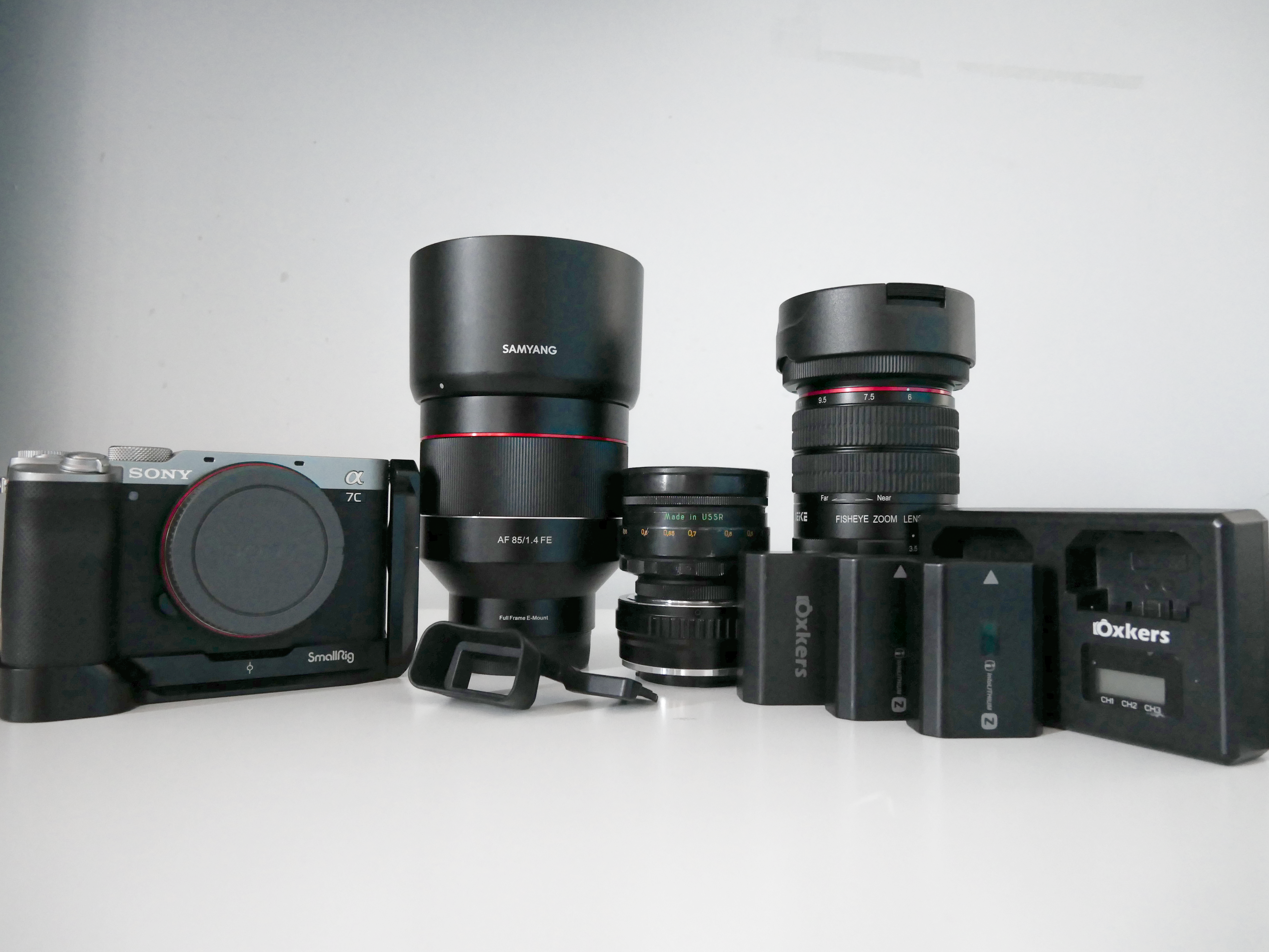Sony a7c full-frame kit with an 85mm f1.4, helios 44-2 58mm f2.0, fish eye