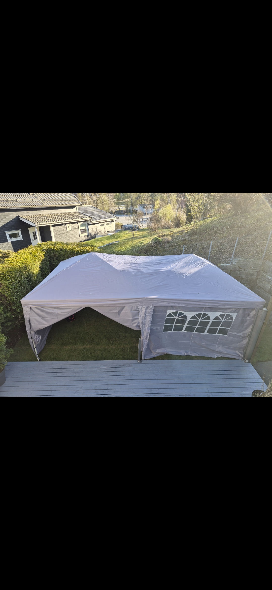 Pop-up paviljong grå – 6 × 3 m, sammenleggbar med vinduer og sidevegger