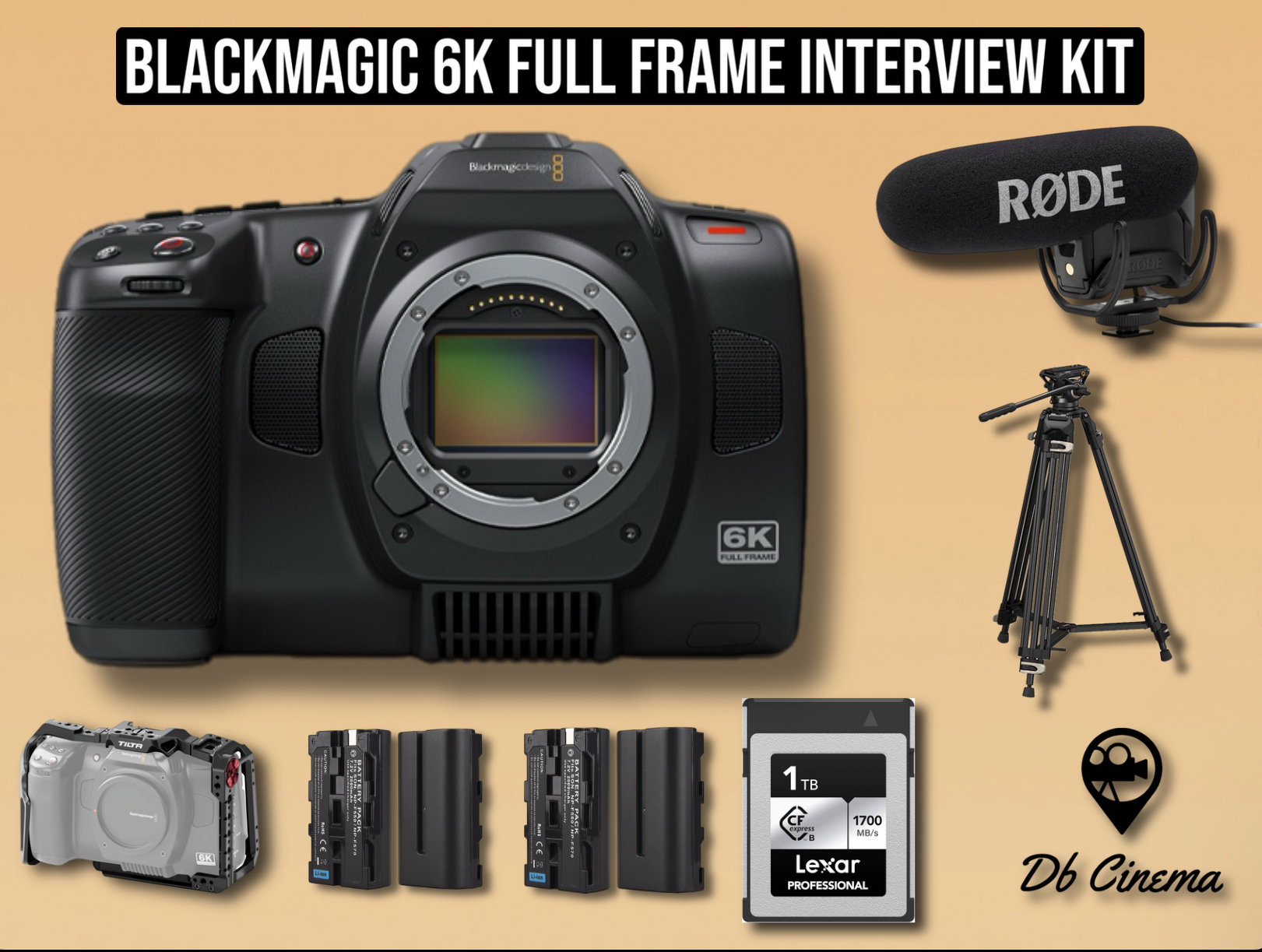 Blackmagic cinema camera full frame 6k bmpcc + rode video mic pro plus microphone + tripod smallrig interview set 