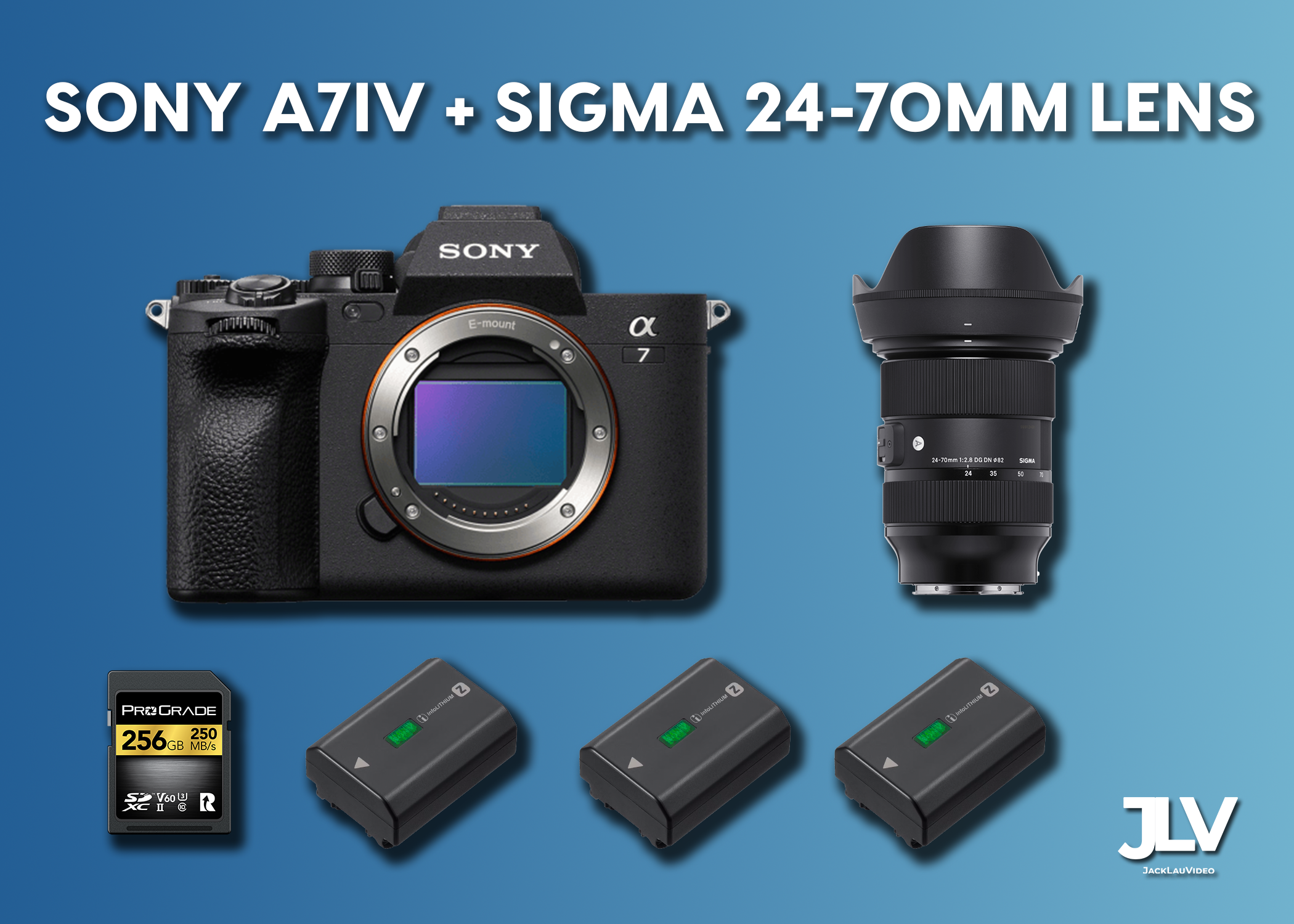 Sony a7iv + sigma 24-70 f2.8 lens + 256gb sd card + 3 batteries
