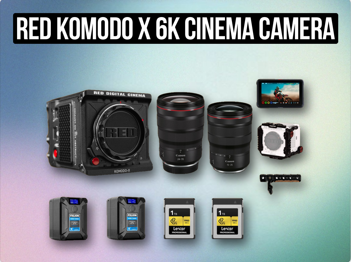 Red komodo x 6k cinema camera + 2x cannon rf zoom lenses f2.8 24-70 and 15-35 , v mount , 2tb storage , cage , monitor
