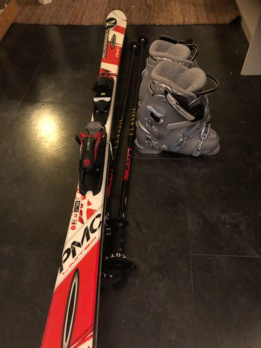 Slalomskidor 170cm, stavar, pjäxor stl 40