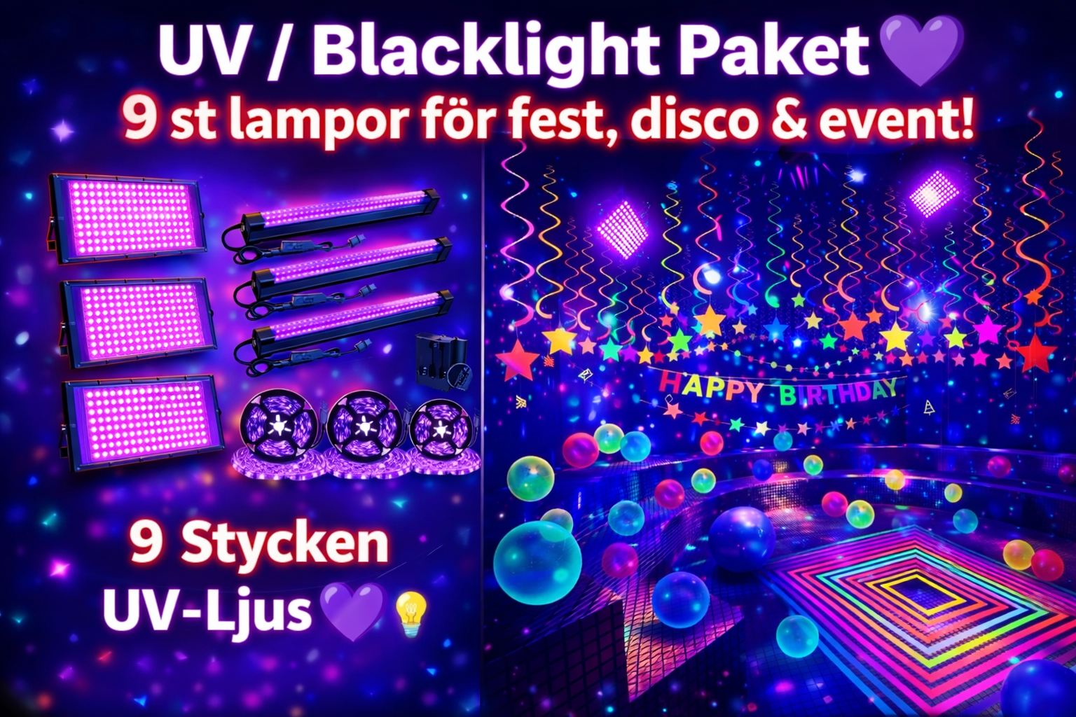 💡 uv / blacklight paket – 9 st kraftfulla lampor för fest, disco & event! 🎉🟣